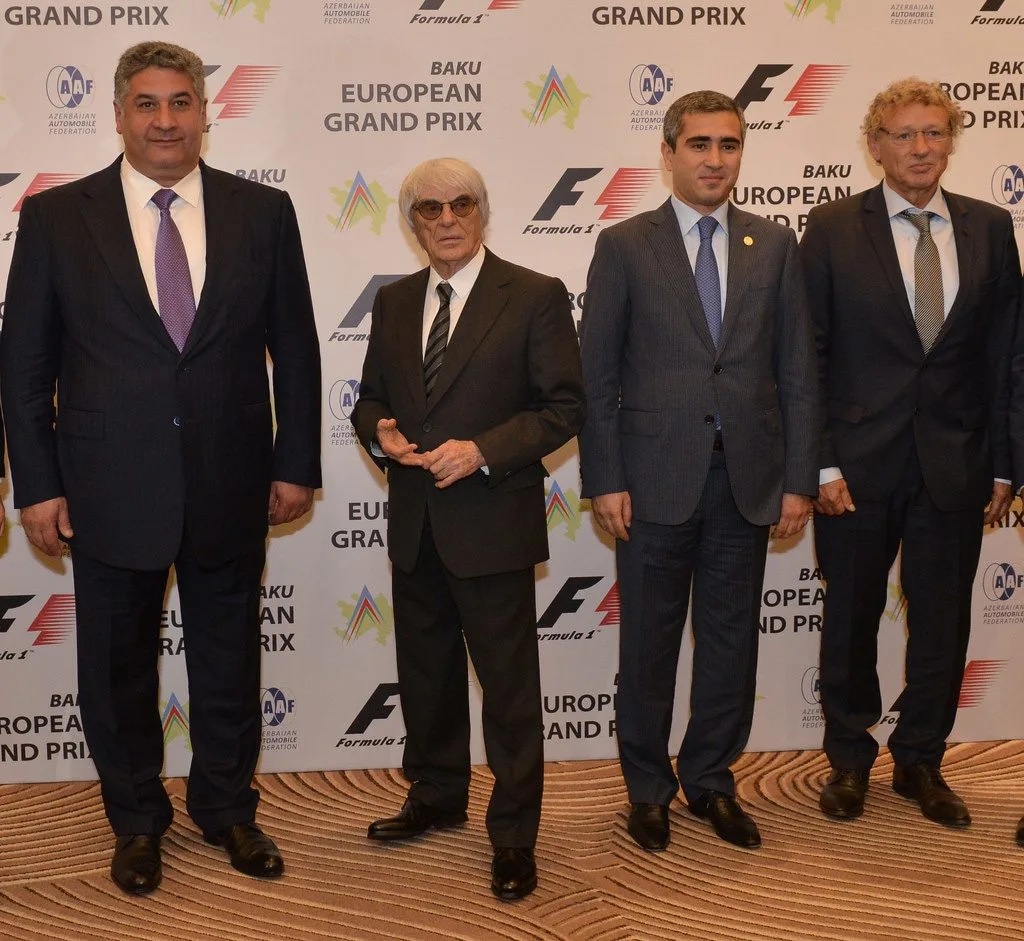 (L to R) Azad Rahimov, Azerbaijan's Minister of Youth and Sport; Formula One group CEO Bernie Ecclestone; Anar Alakbarov, Executive Director of the Heydar Aliyev Foundation and the president of Azerbaijan Automobile Federation; circuit designer Hermann Tilke. Unveiling of the Baku European Grand Prix street circuit at a special press event in Baku, Azerbaijan, October 7, 2014 © Baku Grand Prix