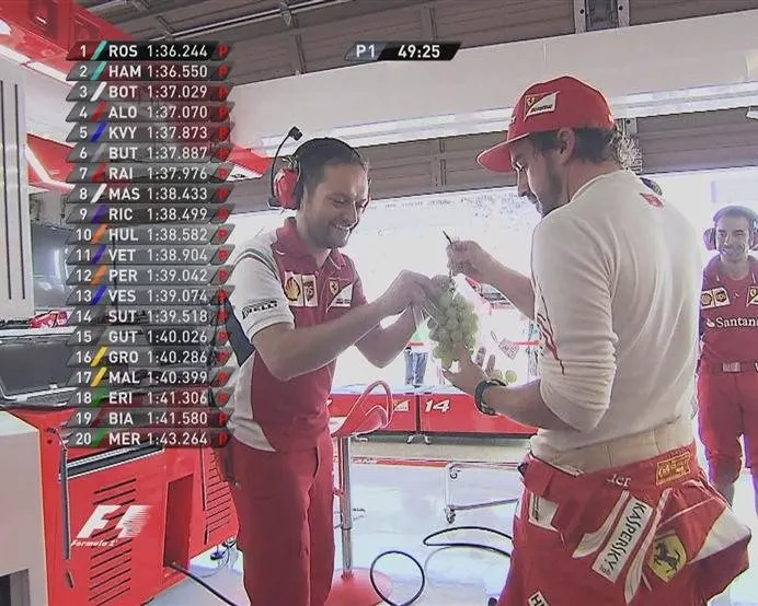 Fernando Alonso keeps energy levels high at Ferrari, sharing a bunch of grapes with his mechanics and engineers during FP1 © FOWC Ltd