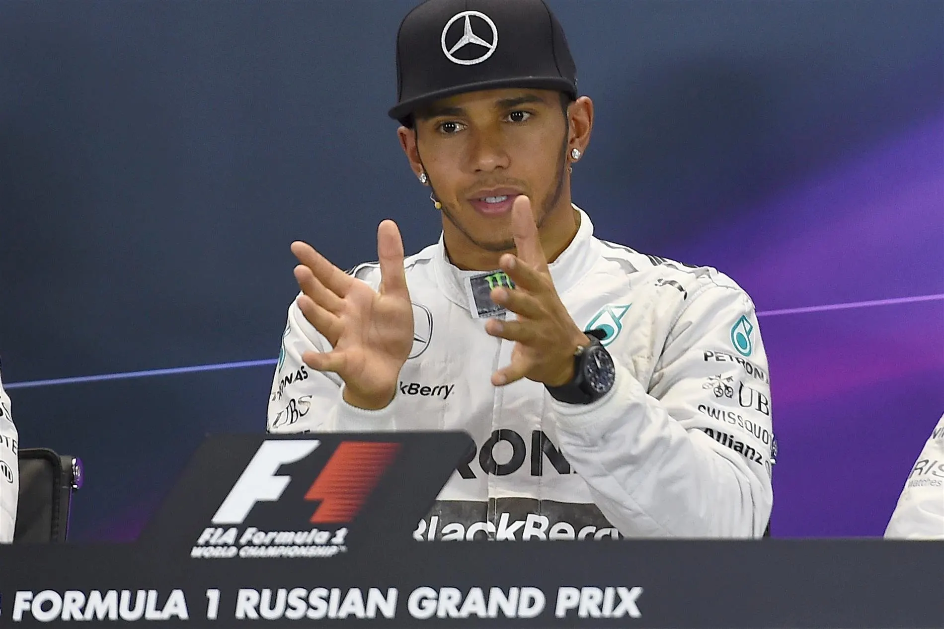 Lewis Hamilton (GBR) Mercedes AMG F1 in the Press Conference. Formula One World Championship, Rd16, Russian Grand Prix, Qualifying, Sochi Autodrom, Sochi, Krasnodar Krai, Russia, Saturday, 11 October 2014