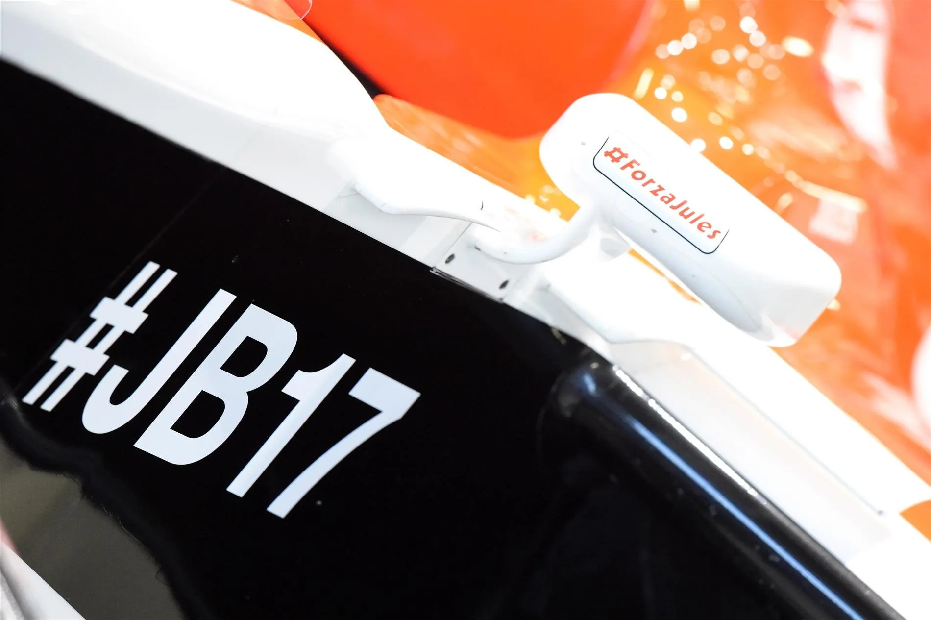 Thoughts for Jules Bianchi (FRA) Marussia F1 Team. #JB17. Formula One World Championship, Rd16, Russian Grand Prix, Practice, Sochi Autodrom, Sochi, Krasnodar Krai, Russia, Friday, 10 October 2014