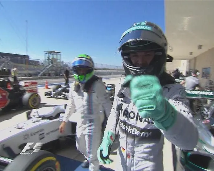 Nico Rosberg celebrates claiming pole position in Austin, ahead of his Mercedes team mate and title rival Lewis Hamilton © FOWC Ltd. No reproduction without permission.