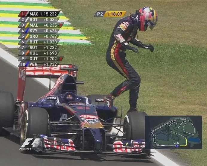 Jean-Eric Vergne jumps clear of his Toro Rosso after pulling to a halt at the side of the circuit, temporarily bringing out the red flags in FP2 © FOWC Ltd. No reproduction without permission.