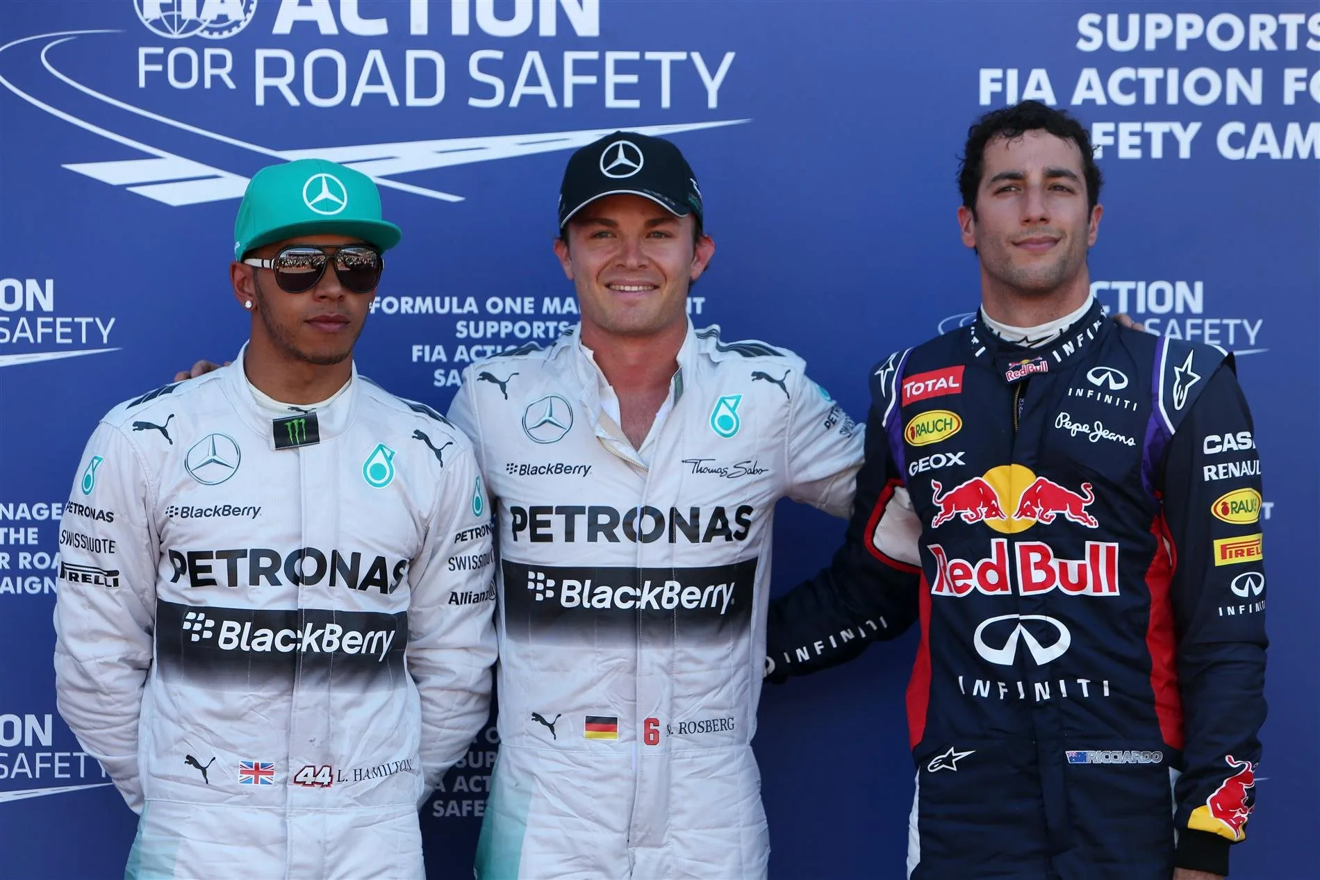 (L to R): Lewis Hamilton (GBR) Mercedes AMG F1, pole sitter Nico Rosberg (GER) Mercedes AMG F1 and Daniel Ricciardo (AUS) Red Bull Racing celebrate in parc ferme. Formula One World Championship, Rd6, Monaco Grand Prix, Qualifying, Monte-Carlo, Monaco, Saturday, 24 May 2014. © Sutton Images