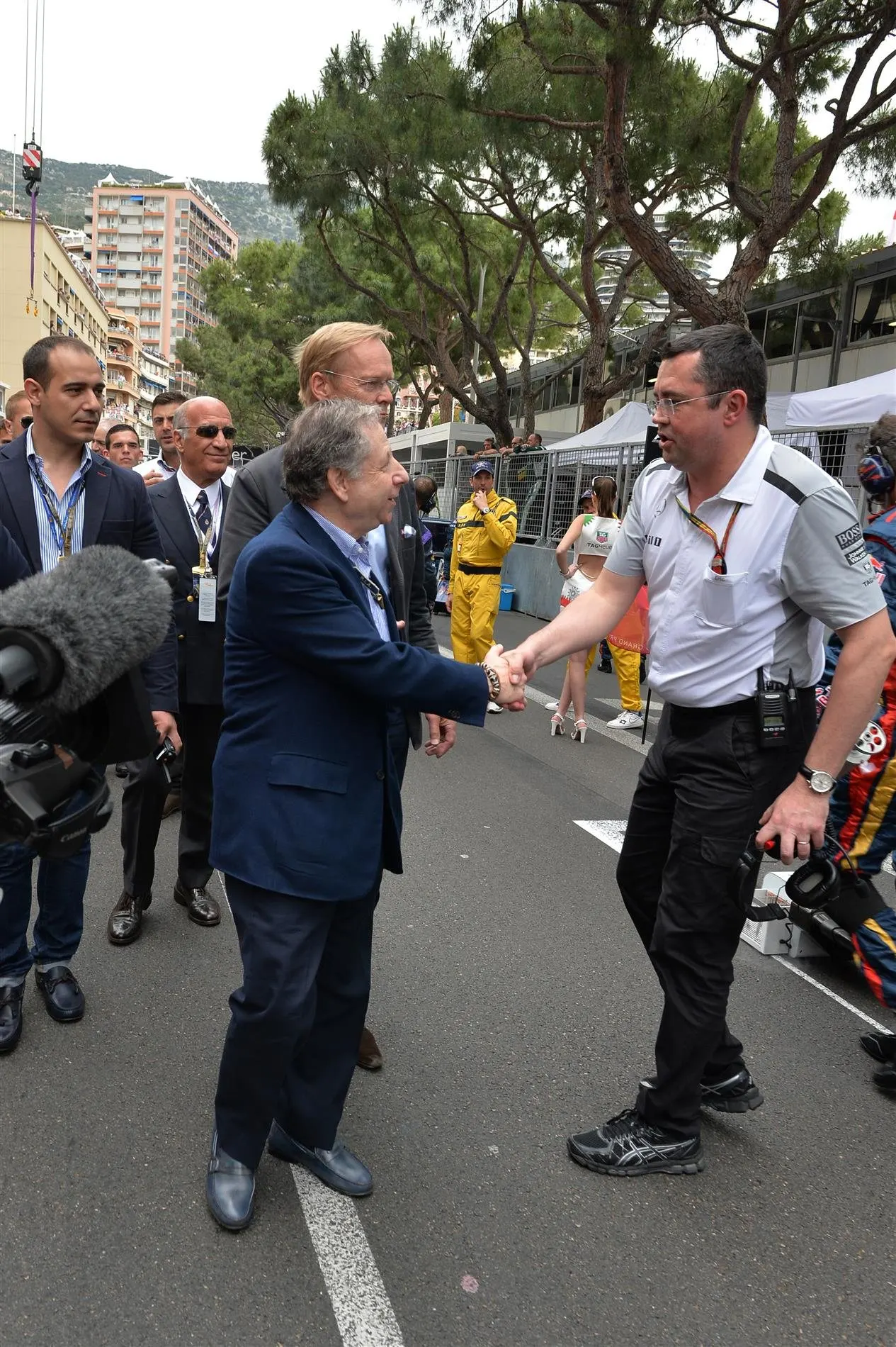 Jean Todt (FRA) FIA President, Ari Vatenen (FIN) and Eric Boullier (FRA) McLaren Racing Director on the grid. Formula One World Championship, Rd6, Monaco Grand Prix, Race, Monte-Carlo, Monaco, Sunday, 25 May 2014. © Sutton Images