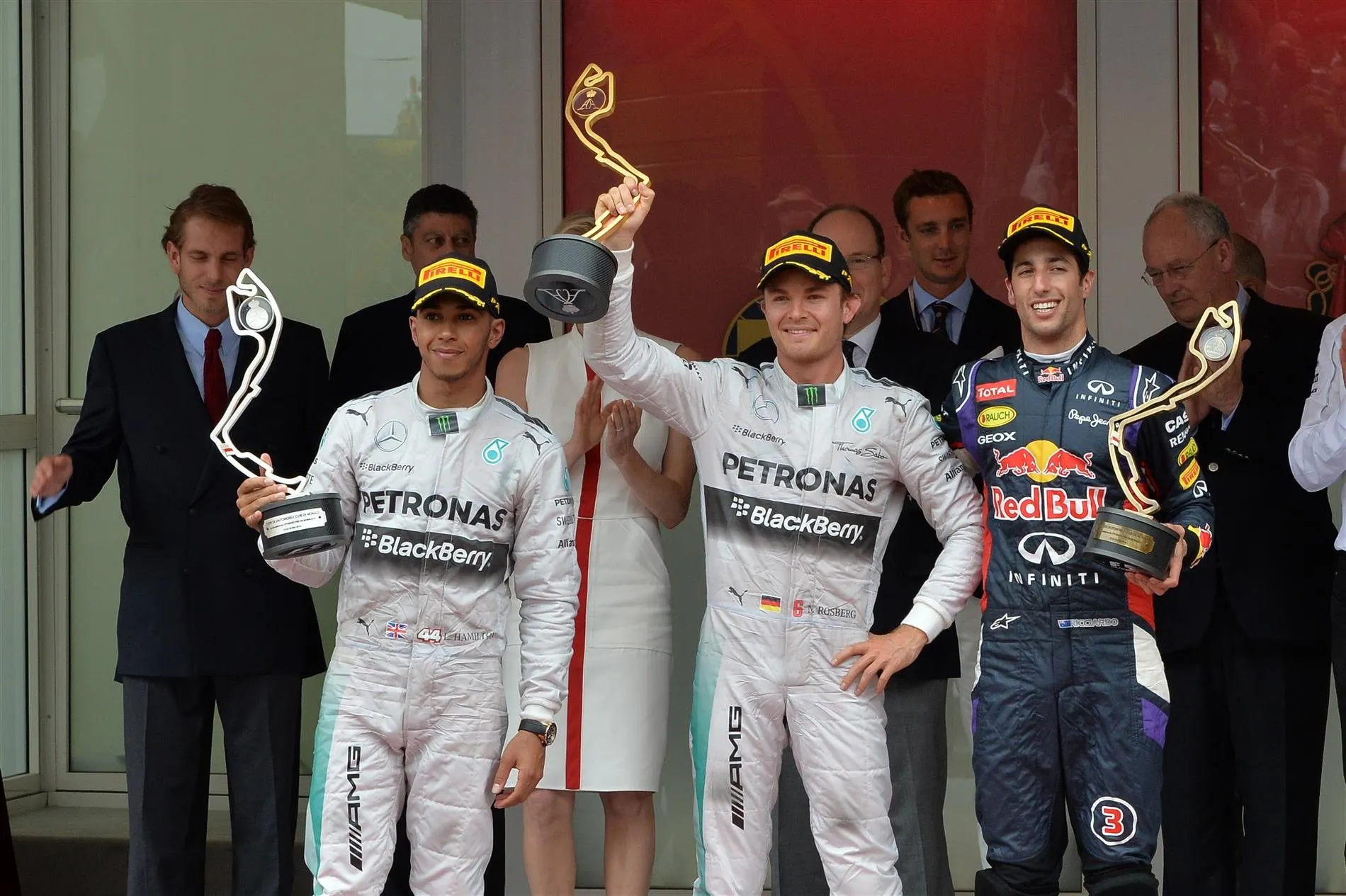 (L to R): Lewis Hamilton (GBR) Mercedes AMG F1, Nico Rosberg (GER) Mercedes AMG F1 and Daniel Ricciardo (AUS) Red Bull Racing celebrate on the podium. Formula One World Championship, Rd6, Monaco Grand Prix, Race, Monte-Carlo, Monaco, Sunday, 25 May 2014. © Sutton Images