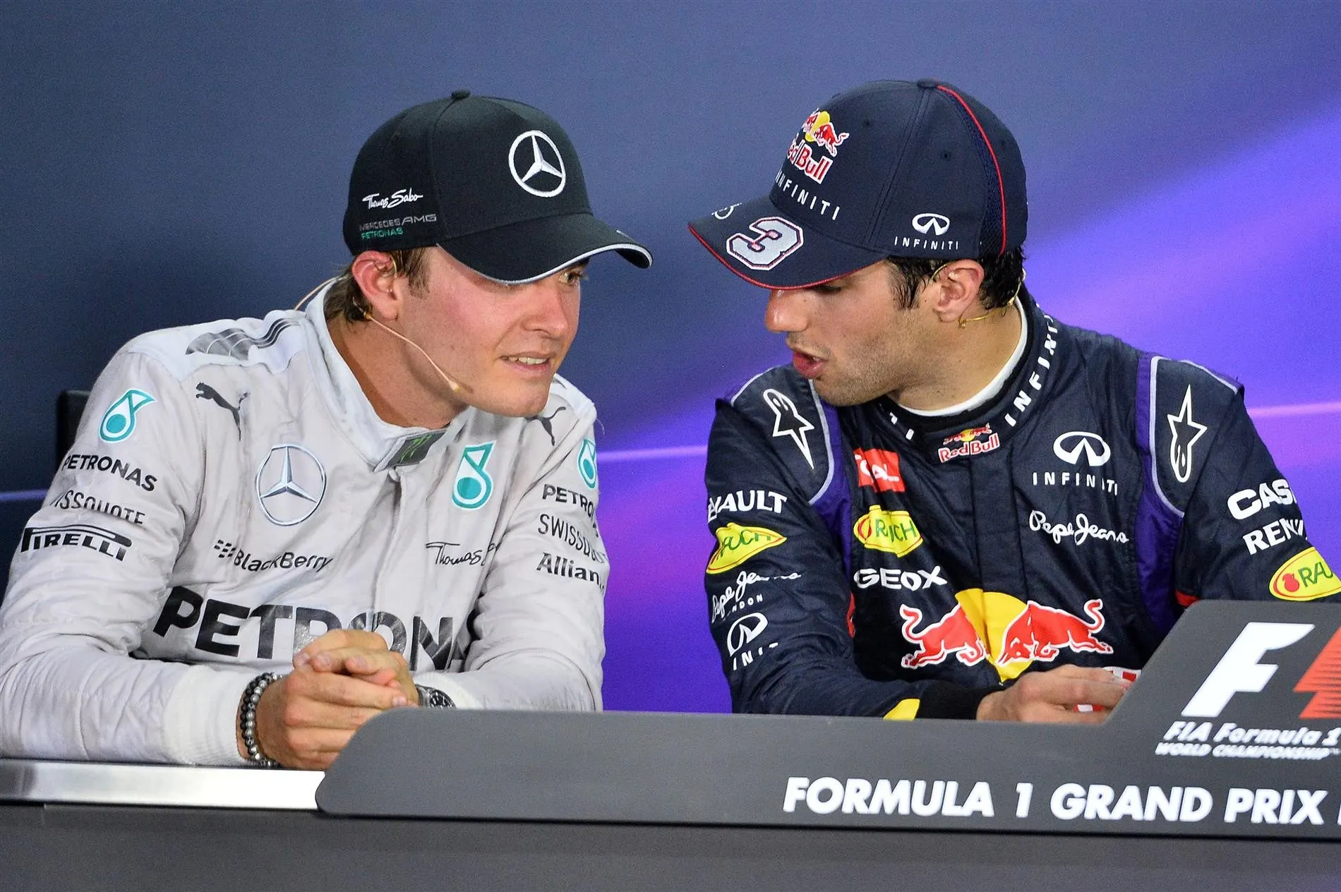(L to R): Second placed Nico Rosberg (GER) Mercedes AMG F1 and race winner Daniel Ricciardo (AUS) Red Bull Racing in the post-race Press Conference. Formula One World Championship, Rd7, Canadian Grand Prix, Race Day, Montreal, Canada, Sunday, 8 June 2014. © Sutton Images