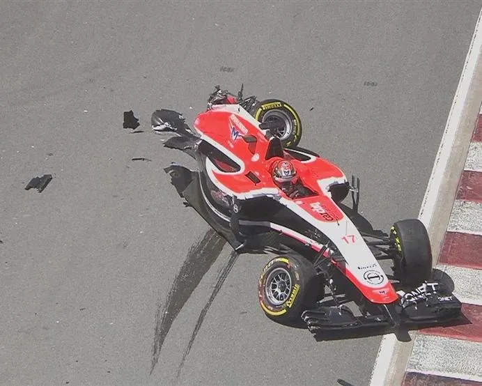 The remains of Jules Bianchi's Marussia, following his collision with team mate Max Chilton at Turn 4. © FOWC Ltd