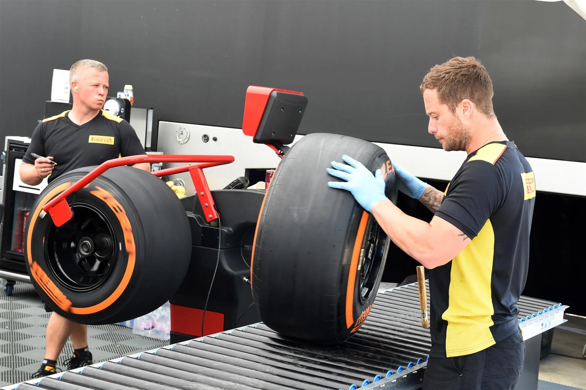 Pirelli tyre preparation area. Formula One World Championship, Rd9, British Grand Prix, Preparations, Silverstone, England, Thursday, 3 July 2014