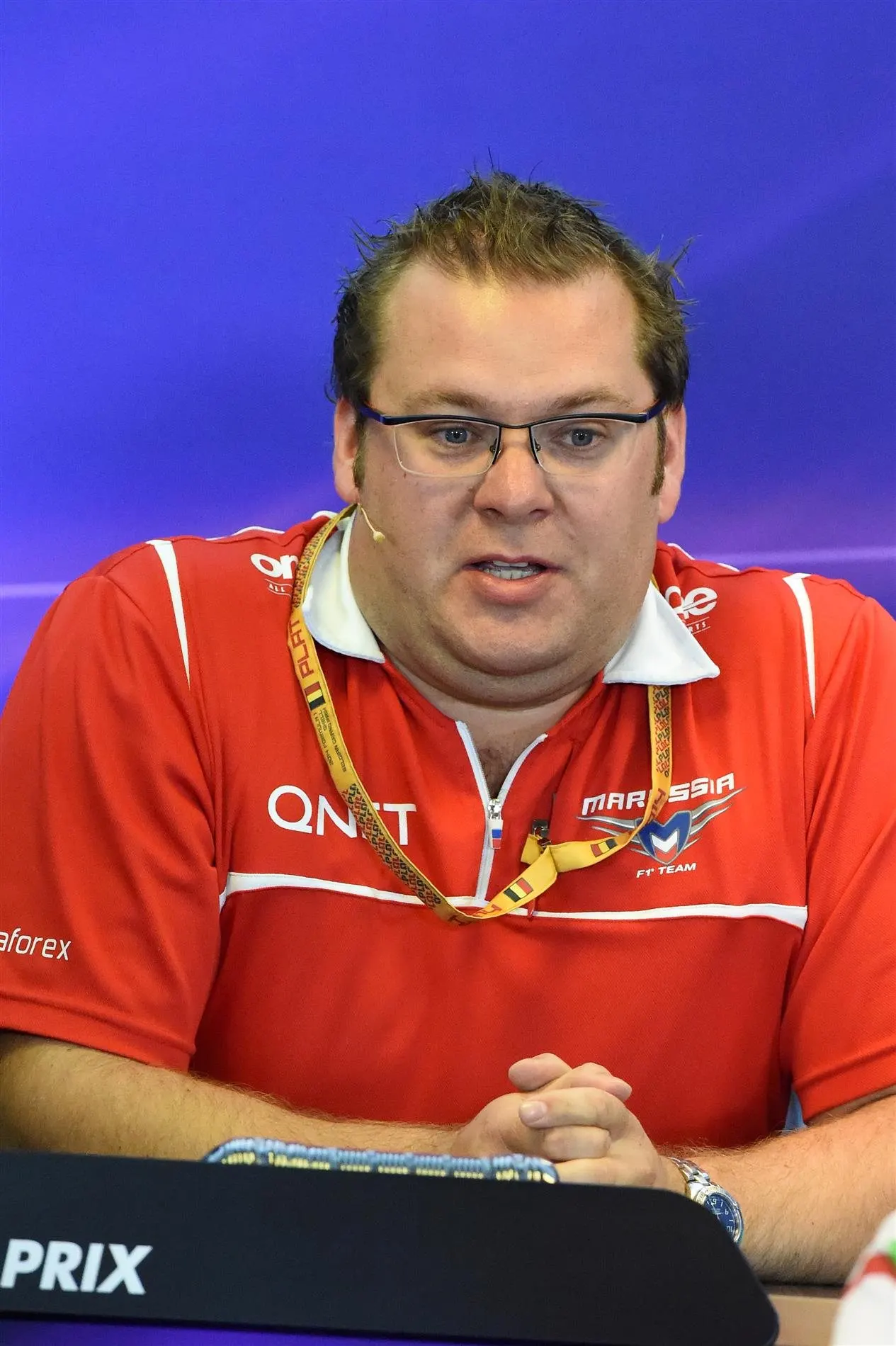 Dave Greenwood (GBR) Marussia Chief Engineer in the Press Conference. Formula One World Championship, Rd12, Belgian Grand Prix, Practice, Spa-Francorchamps, Belgium, Friday, 22 August 2014. © Sutton Images
