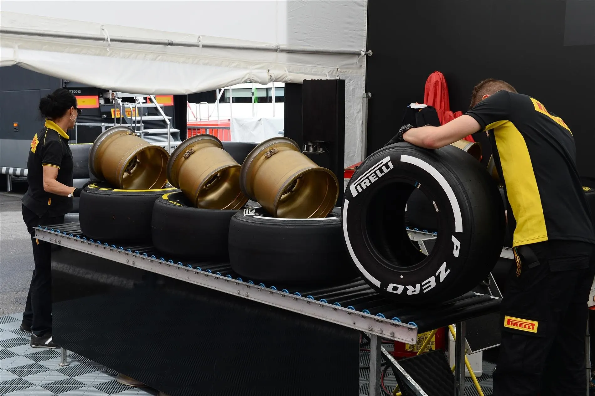 Pirelli preparation area. Formula One World Championship, Rd12, Belgian Grand Prix, Preparations, Spa-Francorchamps, Belgium, Thursday, 21 August 2014