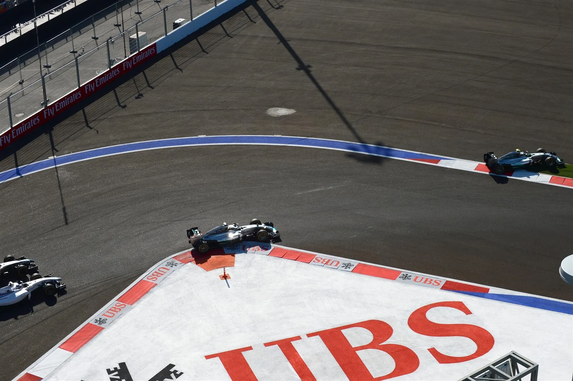 Nico Rosberg (GER) Mercedes AMG F1 W05 runs wide on lap one. Formula One World Championship, Rd16, Russian Grand Prix, Race, Sochi Autodrom, Sochi, Krasnodar Krai, Russia, Sunday, 12 October 2014