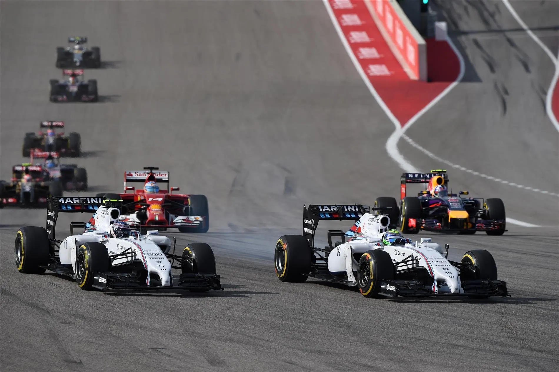 Valtteri Bottas (FIN) Williams FW36 and Felipe Massa (BRA) Williams FW36 battle. Formula One World Championship, Rd17, United States Grand Prix, Race, Austin, Texas, USA, Sunday, 2 November 2014