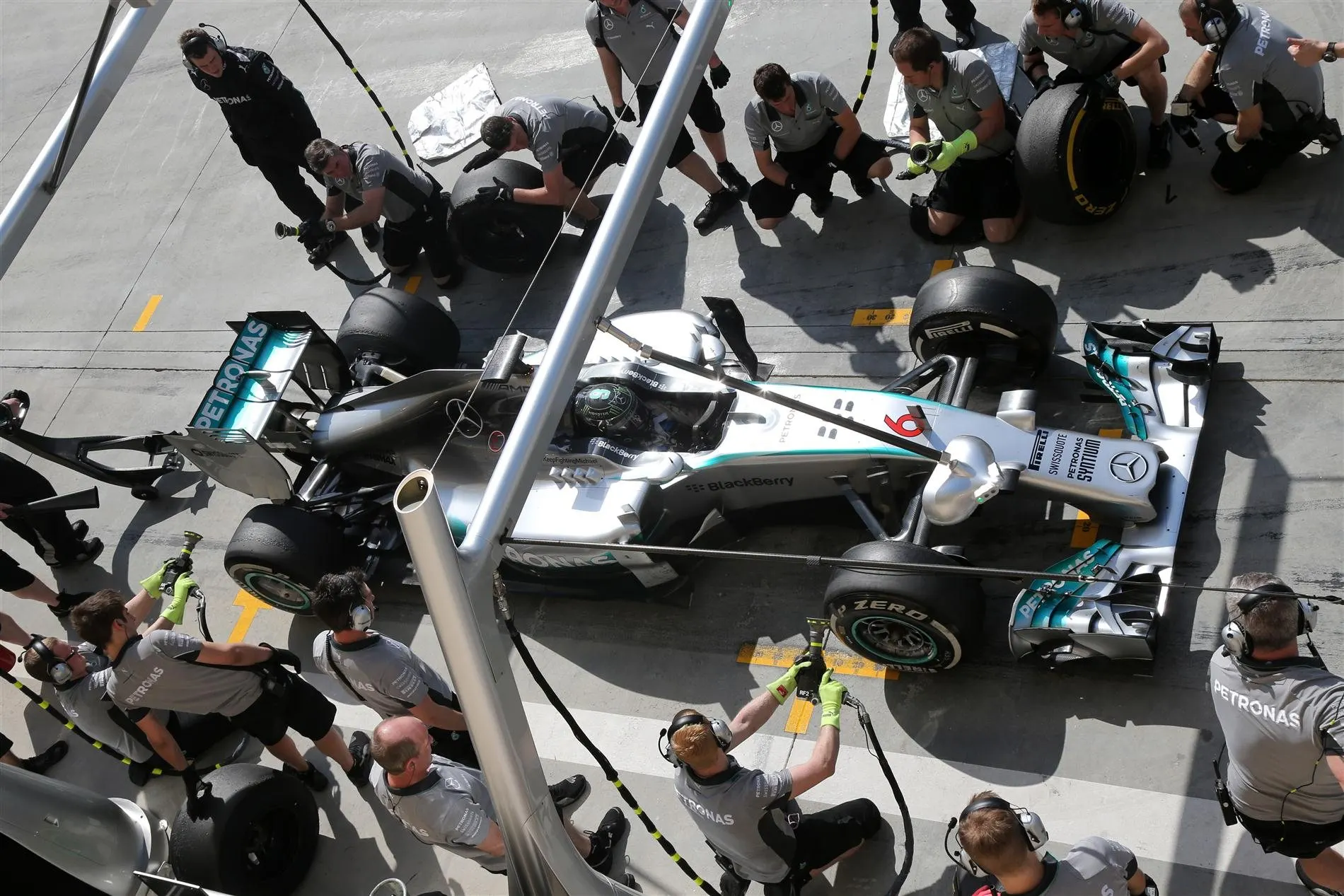 Nico Rosberg (GER) Mercedes AMG F1 W05 makes a pit stop. Formula One Testing, Day Four, Bahrain International Circuit, Sakhir, Bahrain, Saturday, 22 February 2014