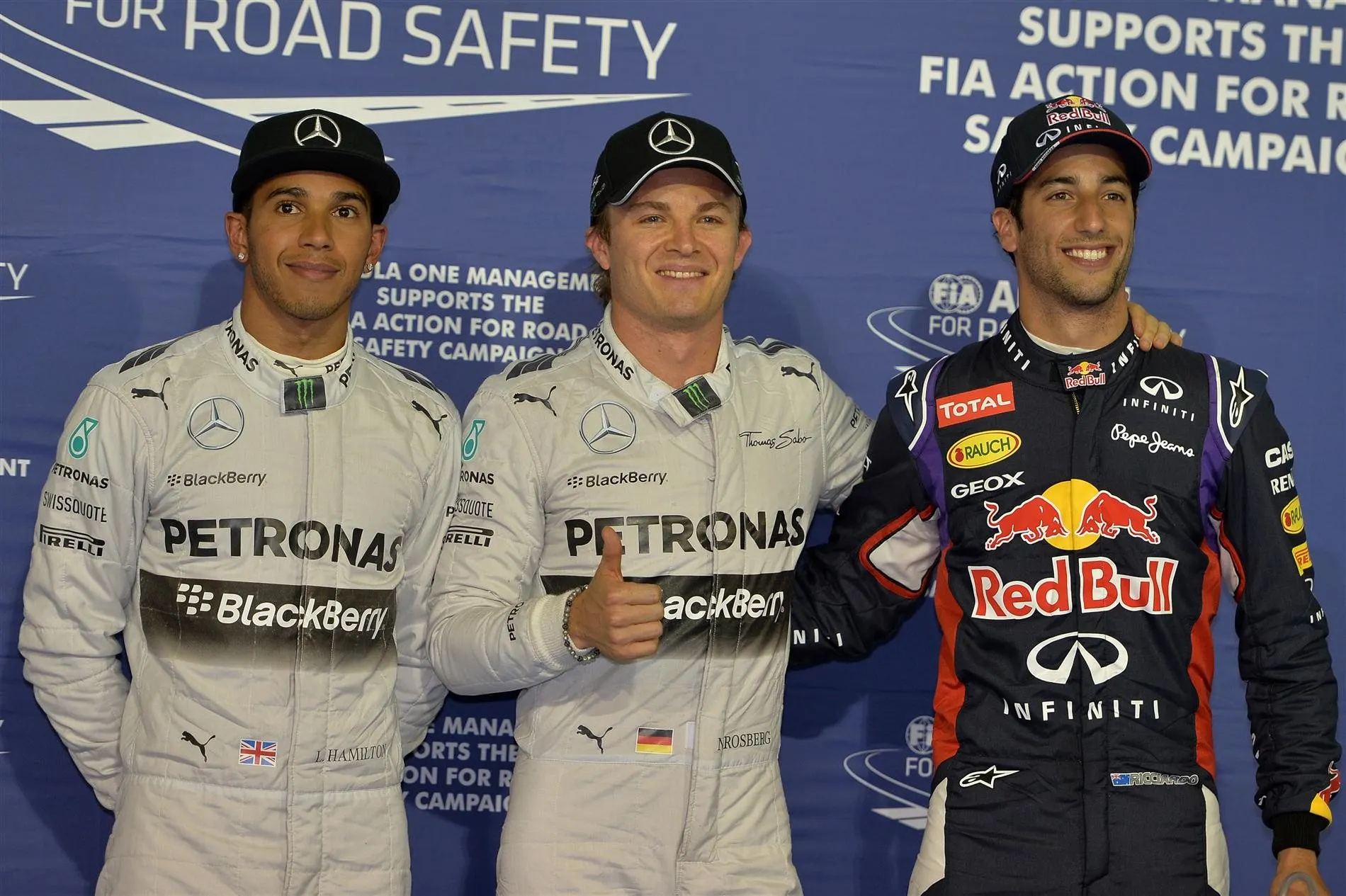 (L to R): Lewis Hamilton (GBR) Mercedes AMG F1, pole sitter Nico Rosberg (GER) Mercedes AMG F1 and Daniel Ricciardo (AUS) Red Bull Racing celebrate in parc ferme. Formula One World Championship, Rd3, Bahrain Grand Prix, Qualifying, Bahrain International Circuit, Sakhir, Bahrain, Saturday, 5 April 2014