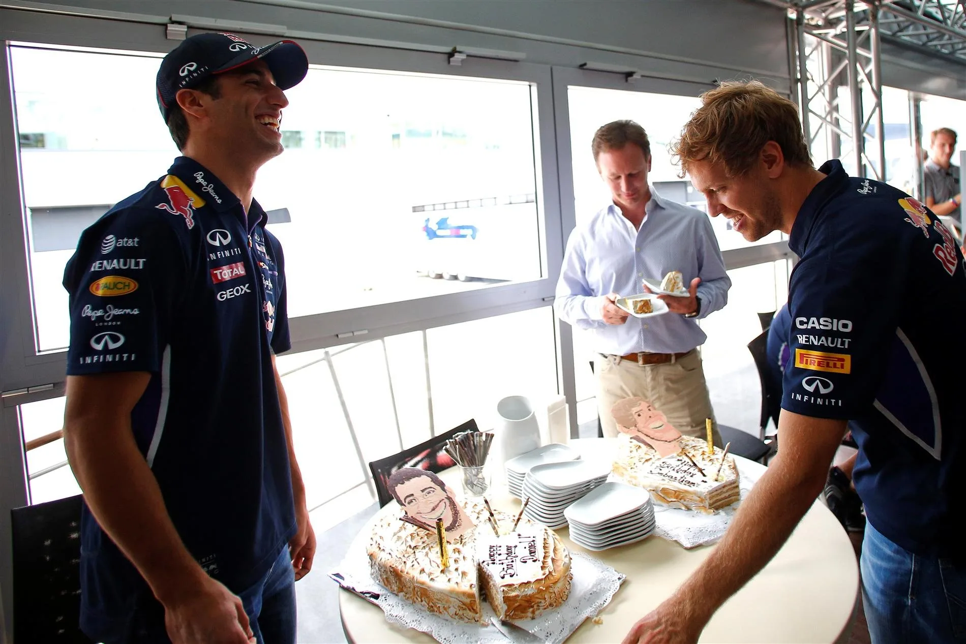 Birthday cakes for Daniel Ricciardo (AUS) Red Bull Racing and Sebastian Vettel (GER) Red Bull Racing. Formula One World Championship, Rd9, British Grand Prix, Preparations, Silverstone, England, Thursday, 3 July 2014