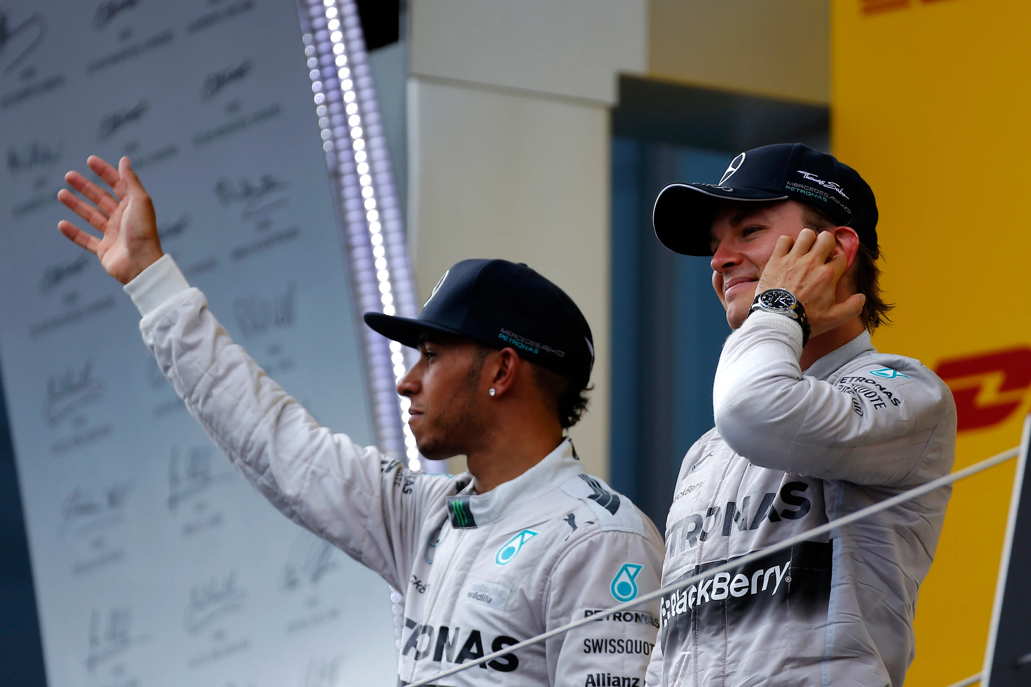 (L to R): Lewis Hamilton (GBR) Mercedes AMG F1 and race winner Nico Rosberg (GER) Mercedes AMG F1 on the podium.
Formula One World Championship, Rd8, Austrian Grand Prix, Race, Spielberg, Austria, Sunday 22 June 2014.