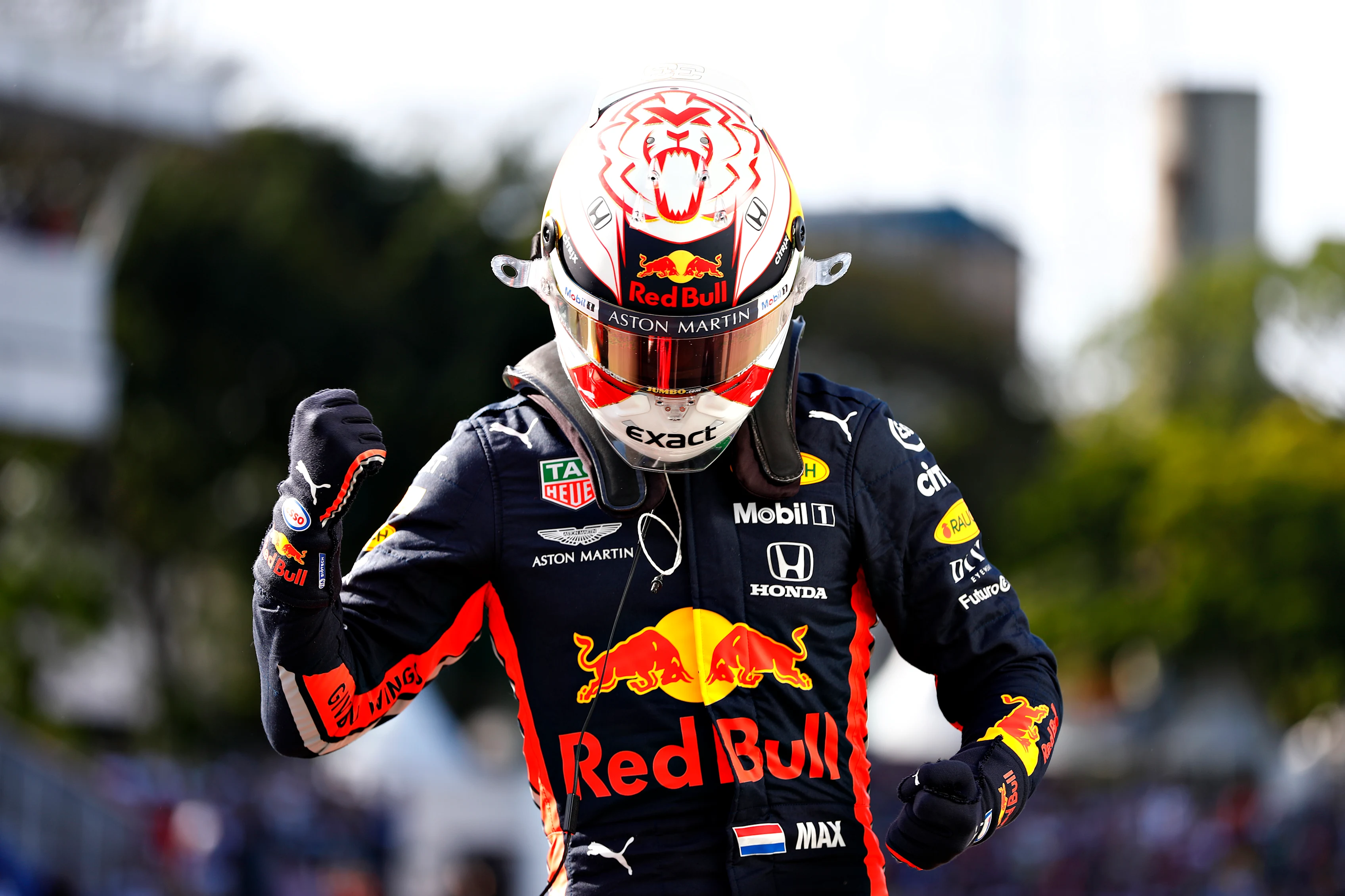 SAO PAULO, BRAZIL - NOVEMBER 16: Pole position qualifier Max Verstappen of Netherlands and Red Bull Racing celebrates in parc ferme during qualifying for the F1 Grand Prix of Brazil at Autodromo Jose Carlos Pace on November 16, 2019 in Sao Paulo, Brazil. (Photo by Will Taylor-Medhurst/Getty Images)