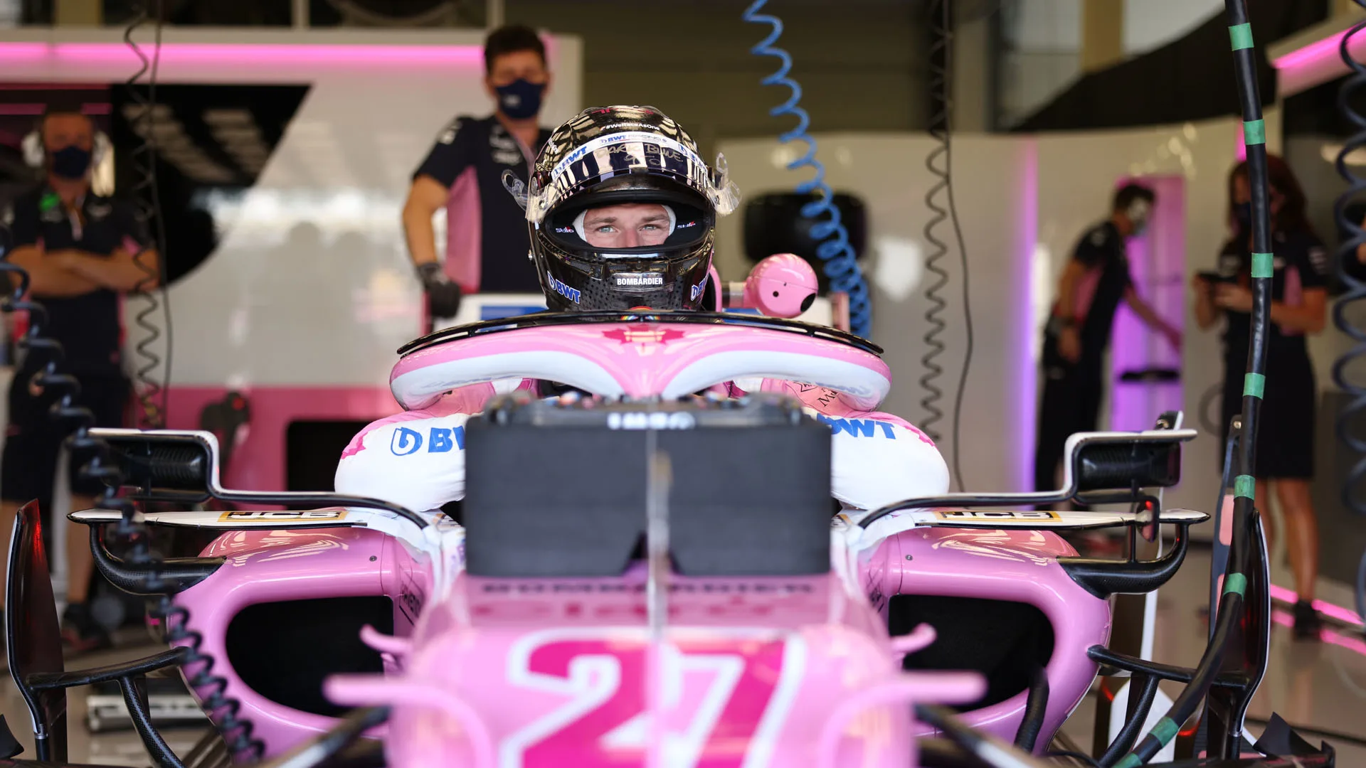 Nico Hulkenberg, Racing Point RP20, climbs into his car