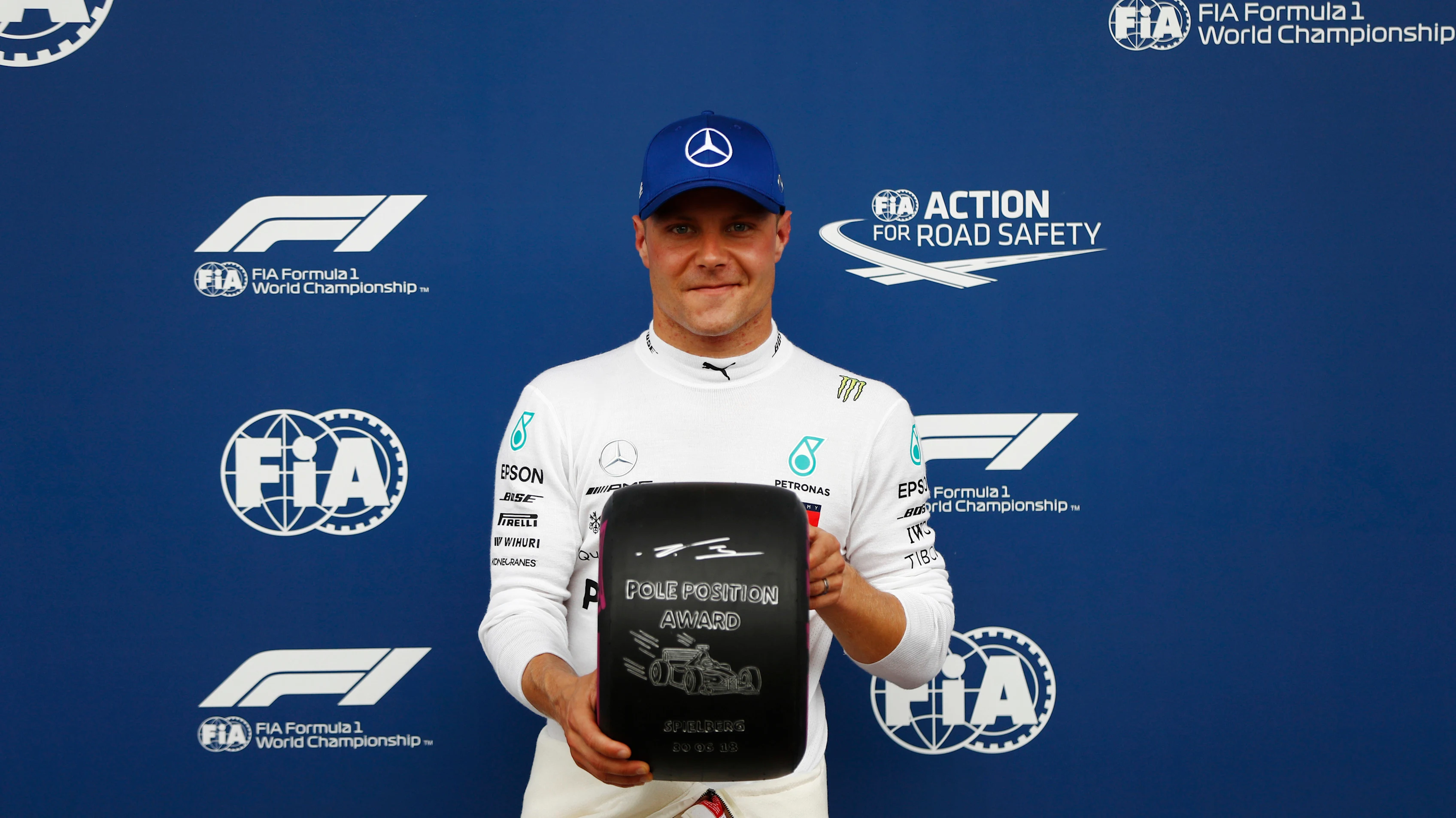 RED BULL RING, AUSTRIA - JUNE 30: Valtteri Bottas, Mercedes AMG F1, poses with the Pirelli pole
