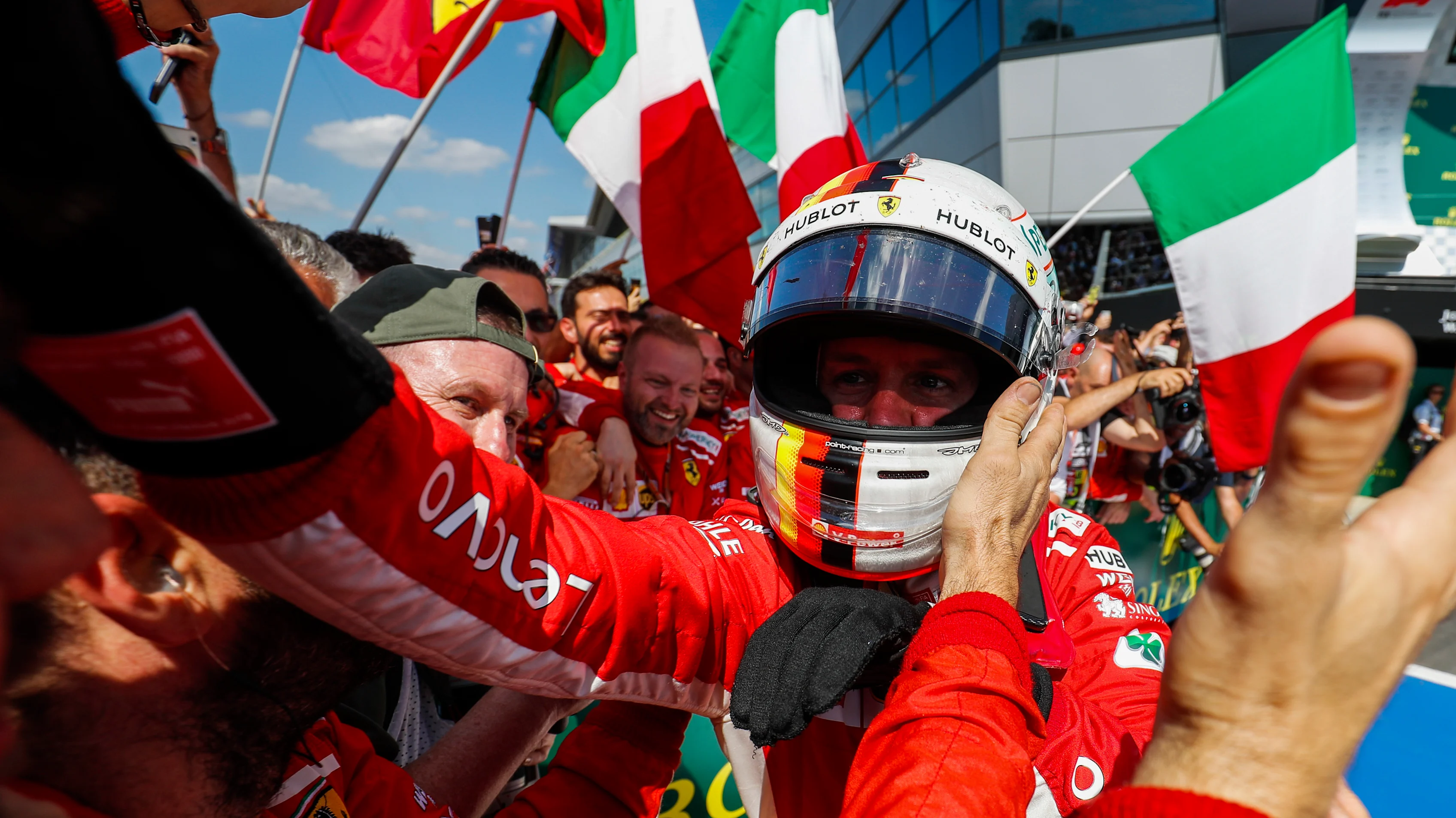 SILVERSTONE, UNITED KINGDOM - JULY 08: Sebastian Vettel, Ferrari, 1st position, celebrates with his