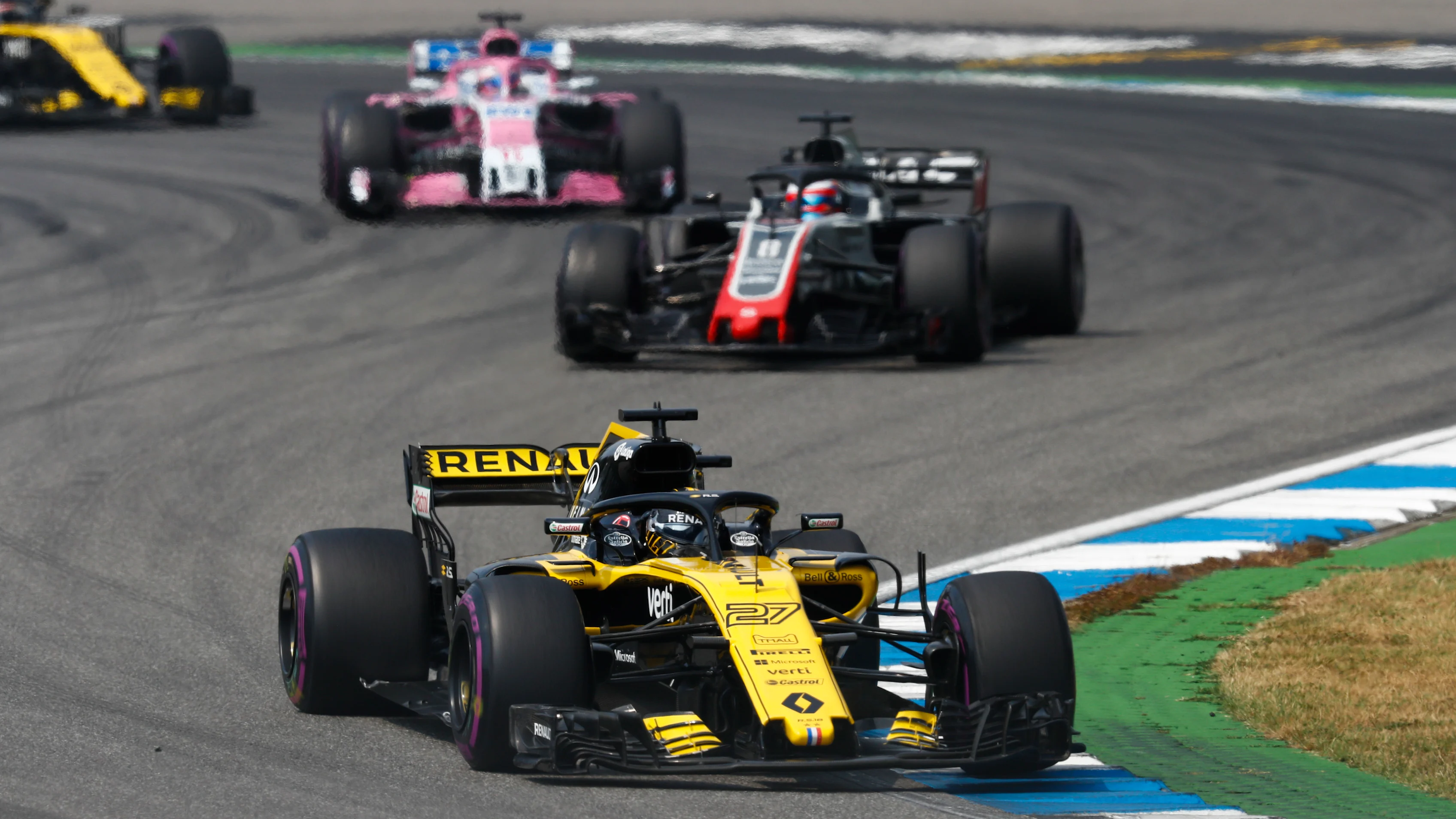 HOCKENHEIMRING, GERMANY - JULY 22: Nico Hulkenberg, Renault Sport F1 Team R.S. 18, leads Romain
