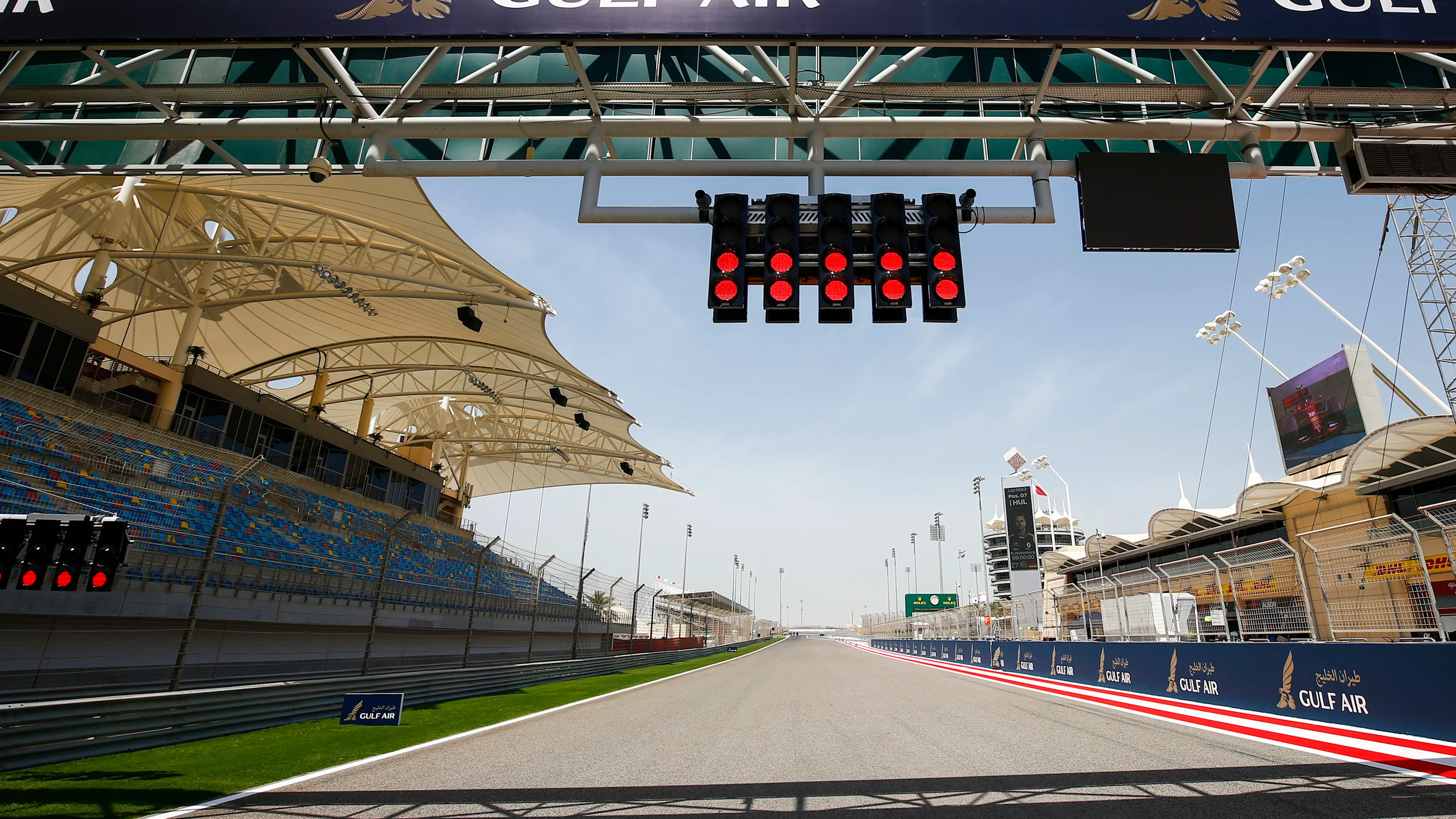 BAHRAIN INTERNATIONAL CIRCUIT, BAHRAIN - MARCH 28: Start/Finish Straight with lights during the