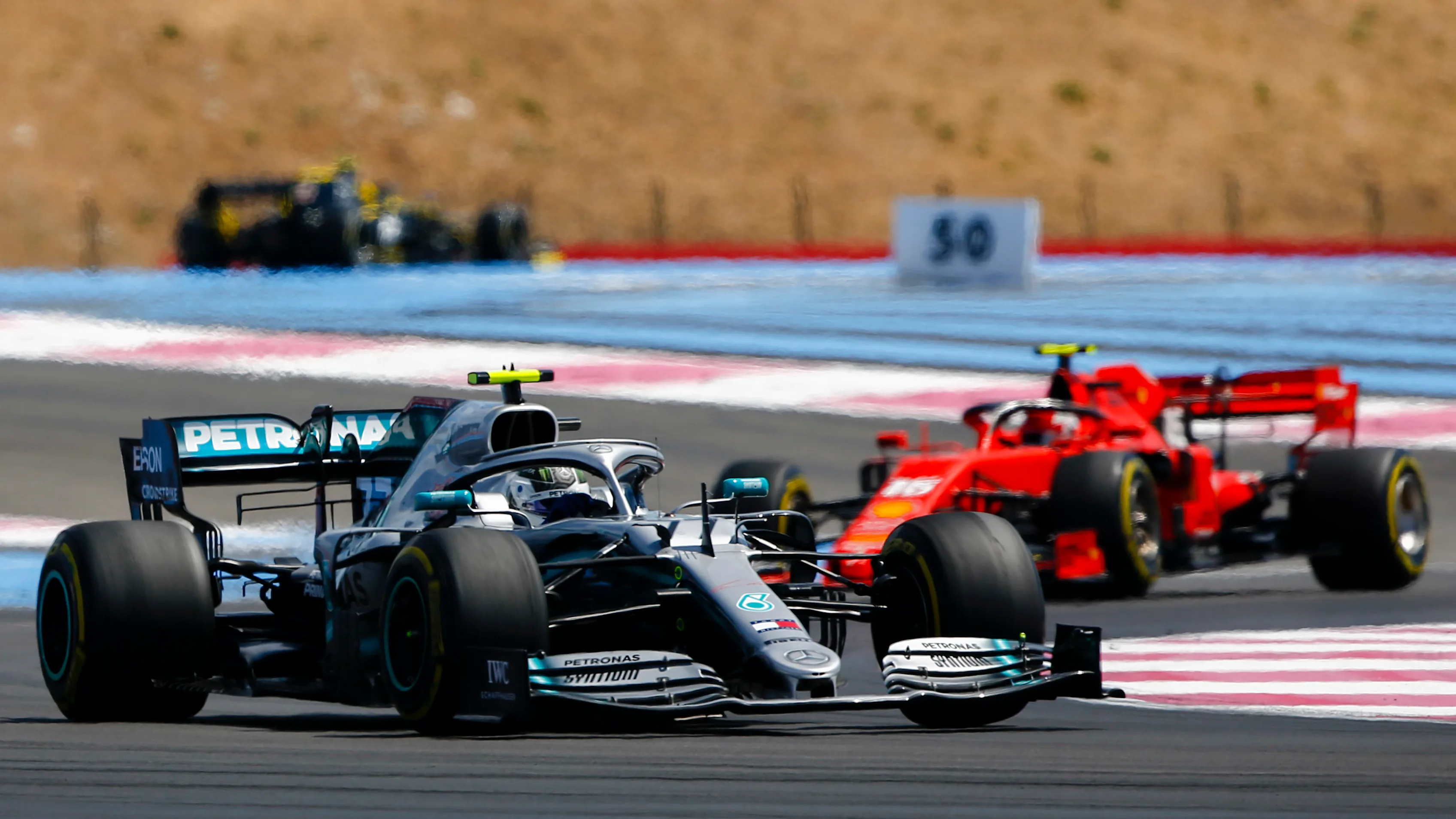 CIRCUIT PAUL RICARD, FRANCE - JUNE 23: Valtteri Bottas, Mercedes AMG W10 leads Charles Leclerc,
