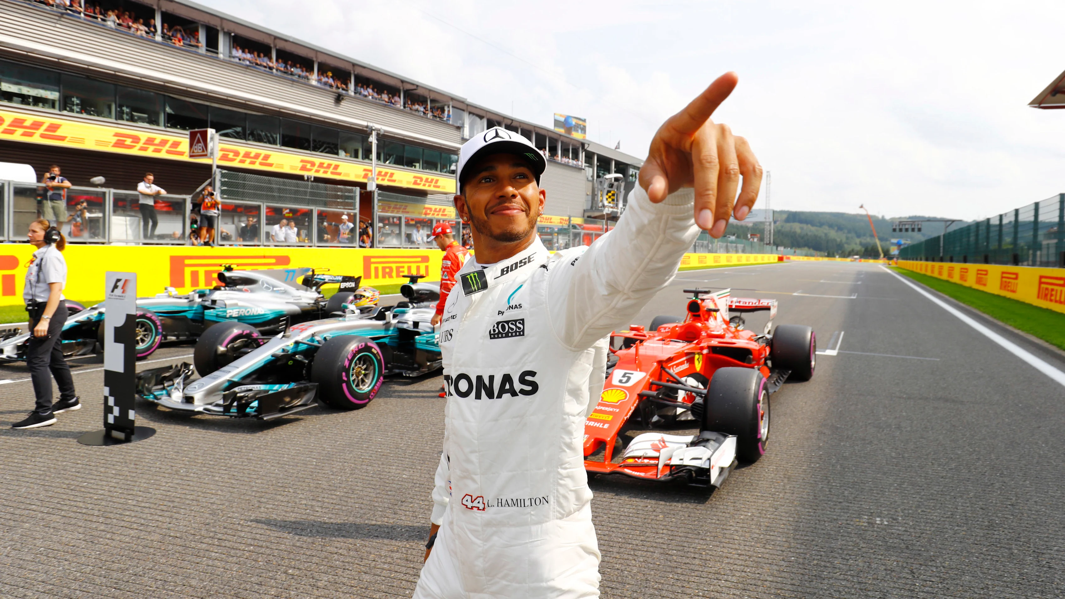 Spa Francorchamps, Belgium. Saturday 26 August 2017. Lewis Hamilton, Mercedes AMG, celebrates earning pole position. World Copyright: Steven Tee/LAT Images ref: Digital Image _R3I0198 © LAT Images email: sales@latimages.com