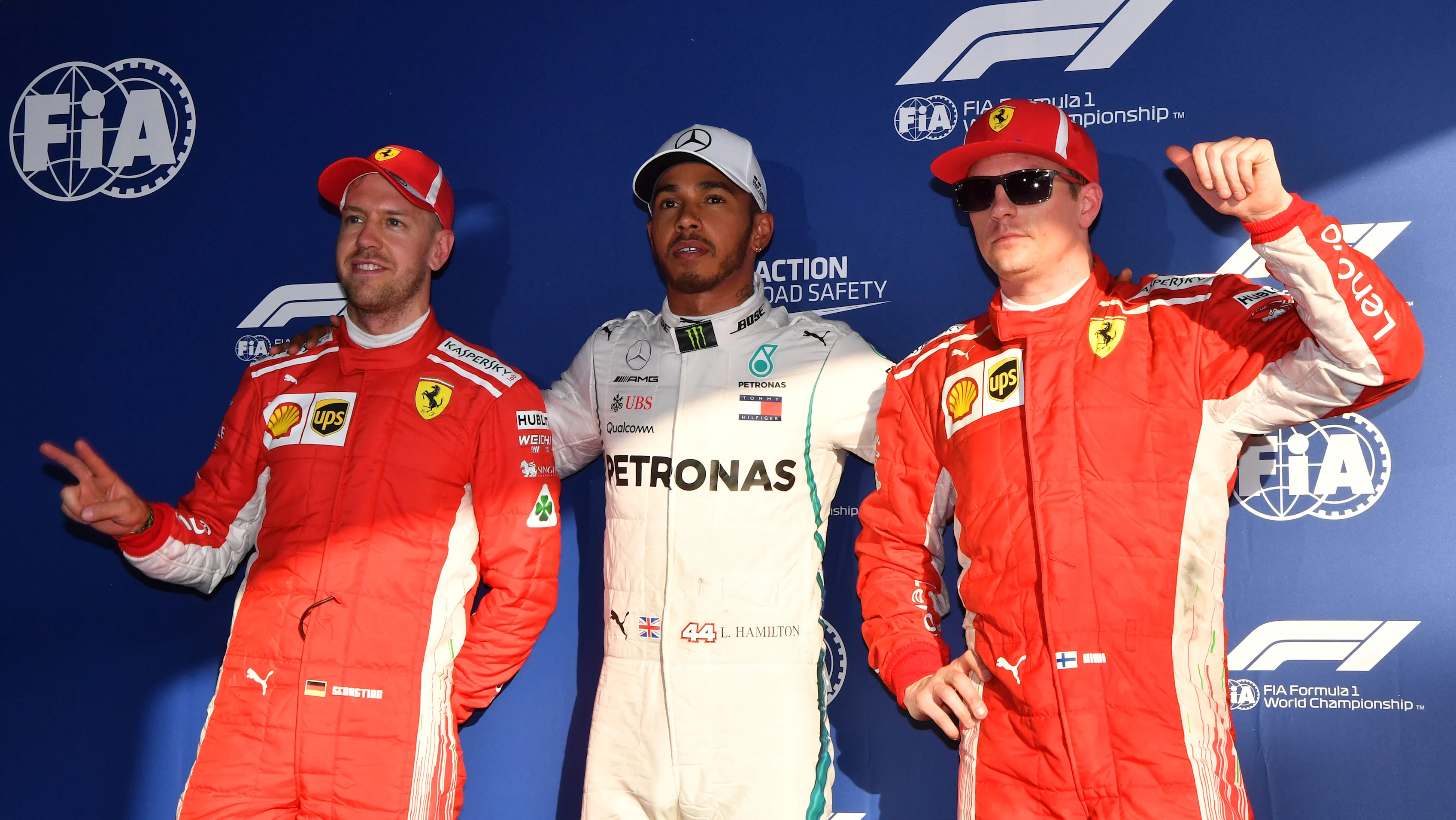 (L to R): Sebastian Vettel (GER) Ferrari, pole sitter Lewis Hamilton (GBR) Mercedes-AMG F1 and Kimi Raikkonen (FIN) Ferrari in parc ferme at Formula One World Championship, Rd1, Australian Grand Prix, Qualifying, Melbourne, Australia, Saturday 24 March 2018. © Sutton Images,Sutton Images
