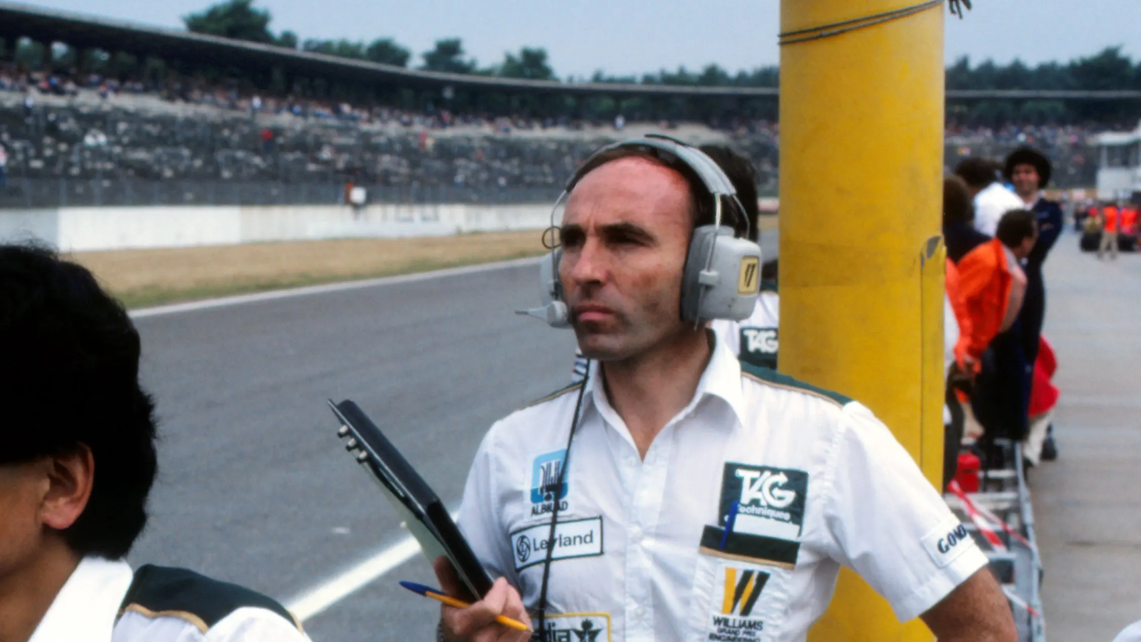 Frank Williams (GBR), Williams Team Owner, right, watches his drivers progress from the Hockenheim