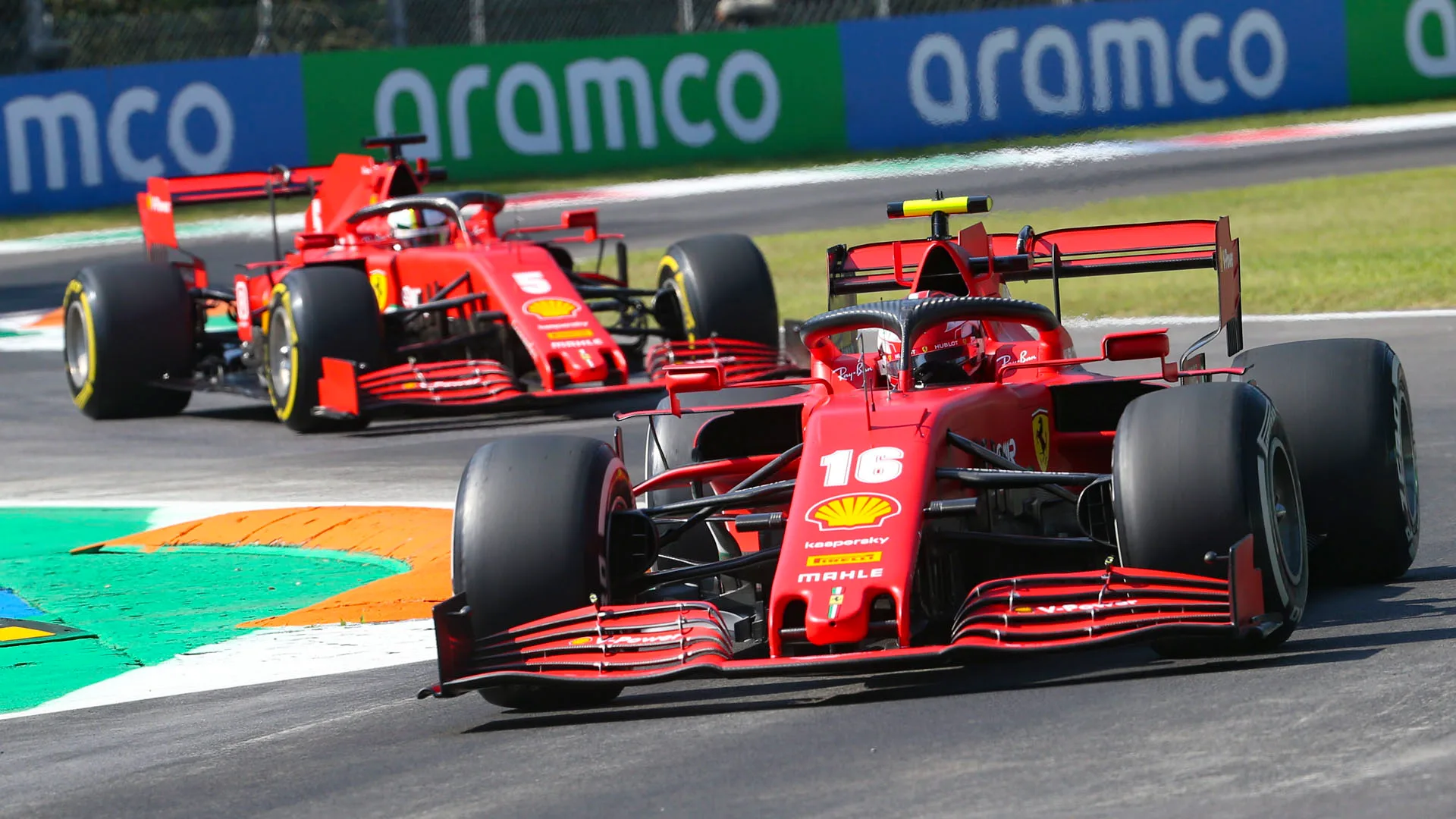 Monaco's Formula One driver Charles Leclerc of Scuderia Ferrari (R) and German Formula One driver Sebastian Vettel of Scuderia Ferrari (L) in action during the first practice session of the Formula One Grand Prix of Italy at the Monza race track, Monza, Italy 04 September 2020. The 2020 Formula One Grand Prix of Italy will take place on 06 September 2020.