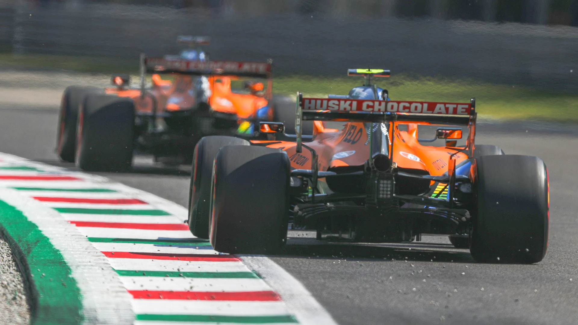Carlos Sainz, McLaren MCL35, leads Lando Norris, McLaren MCL35