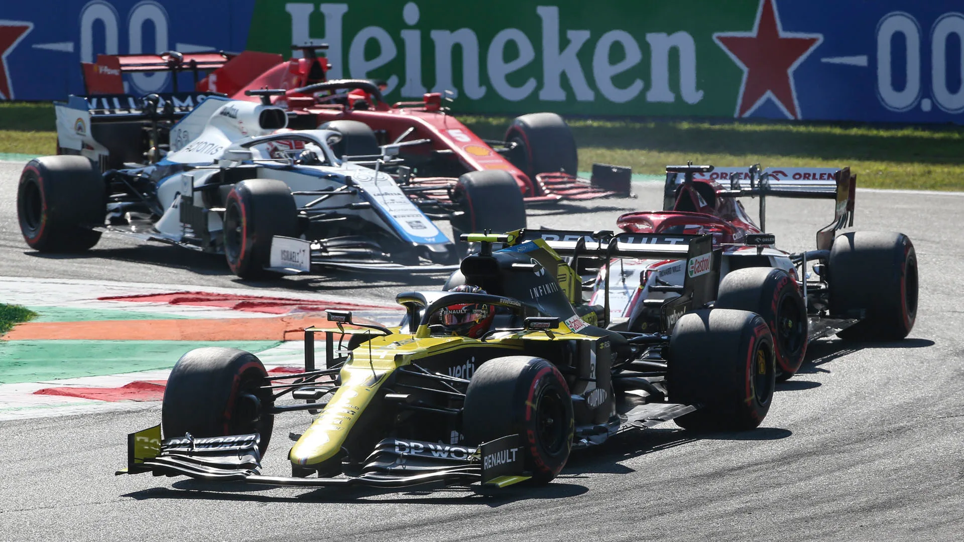 French Formula One driver Esteban Ocon of Renault (front) in action during the qualifying session