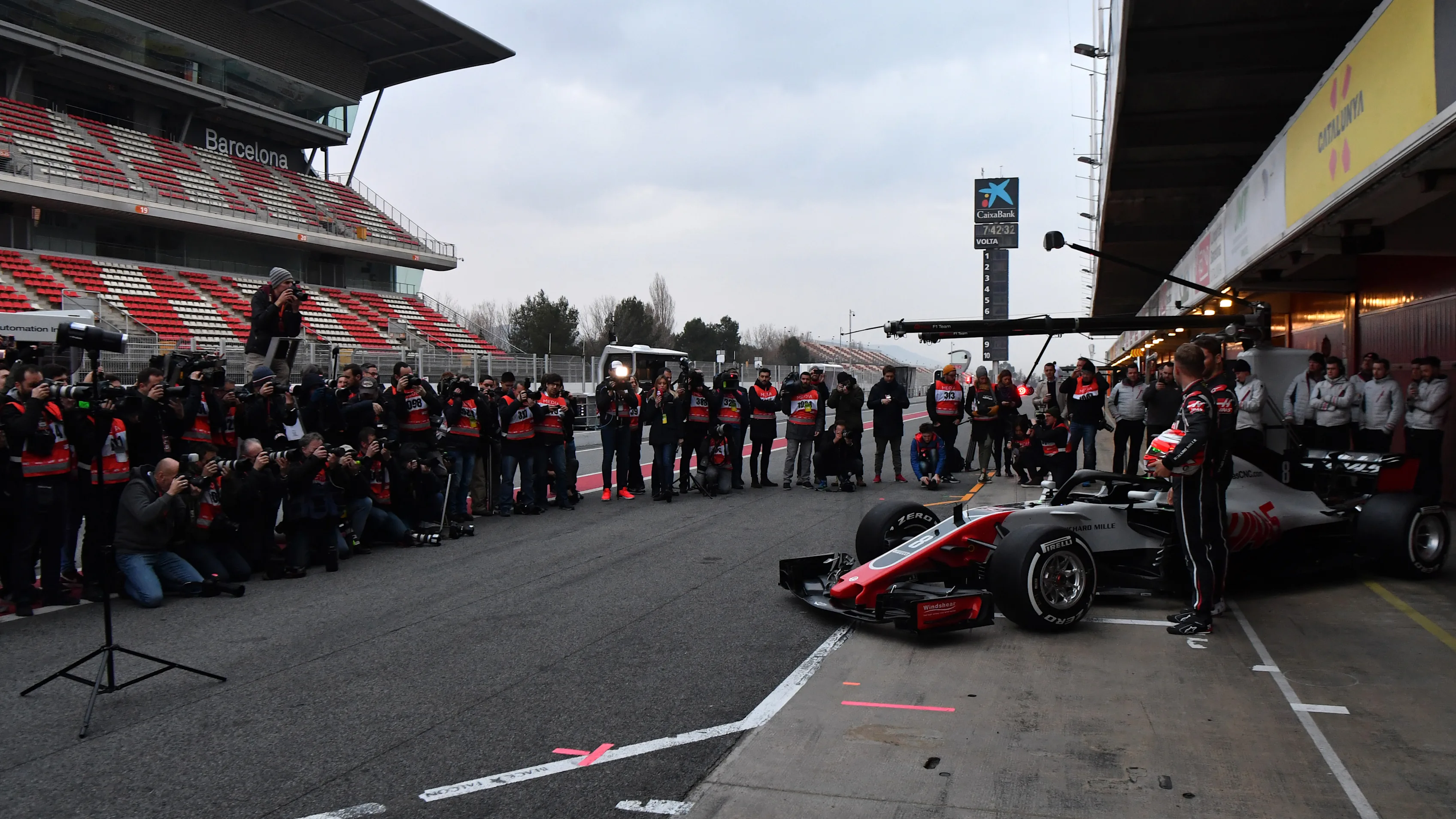 Kevin Magnussen (DEN) Haas F1 and Romain Grosjean (FRA) Haas F1 unveil the Haas VF-18 at Formula One Testing, Day One, Barcelona, Spain, 26 February 2018. © Sutton Images