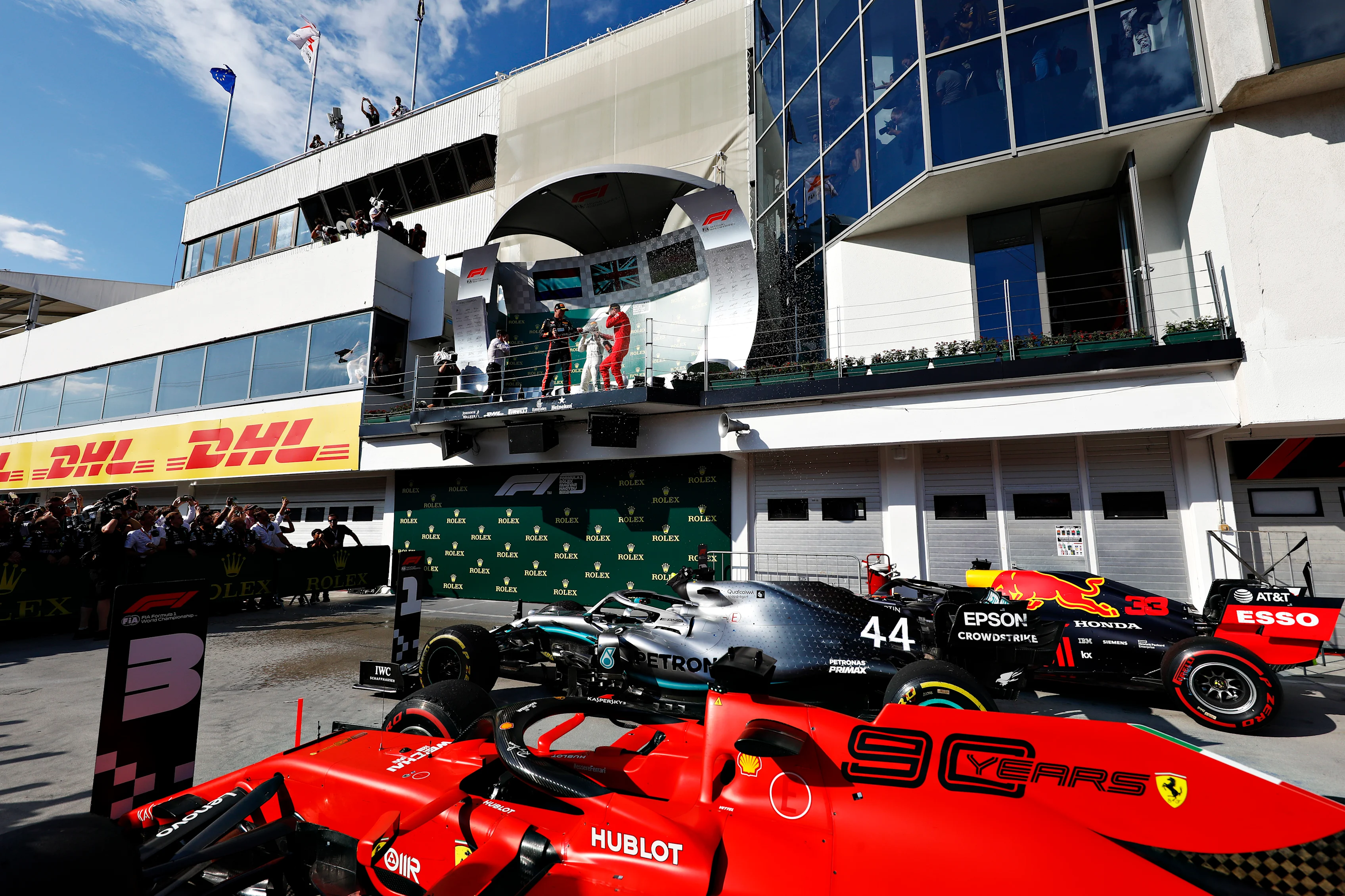 BUDAPEST, HUNGARY - AUGUST 04: A general view as the top three finishers, Lewis Hamilton of Great