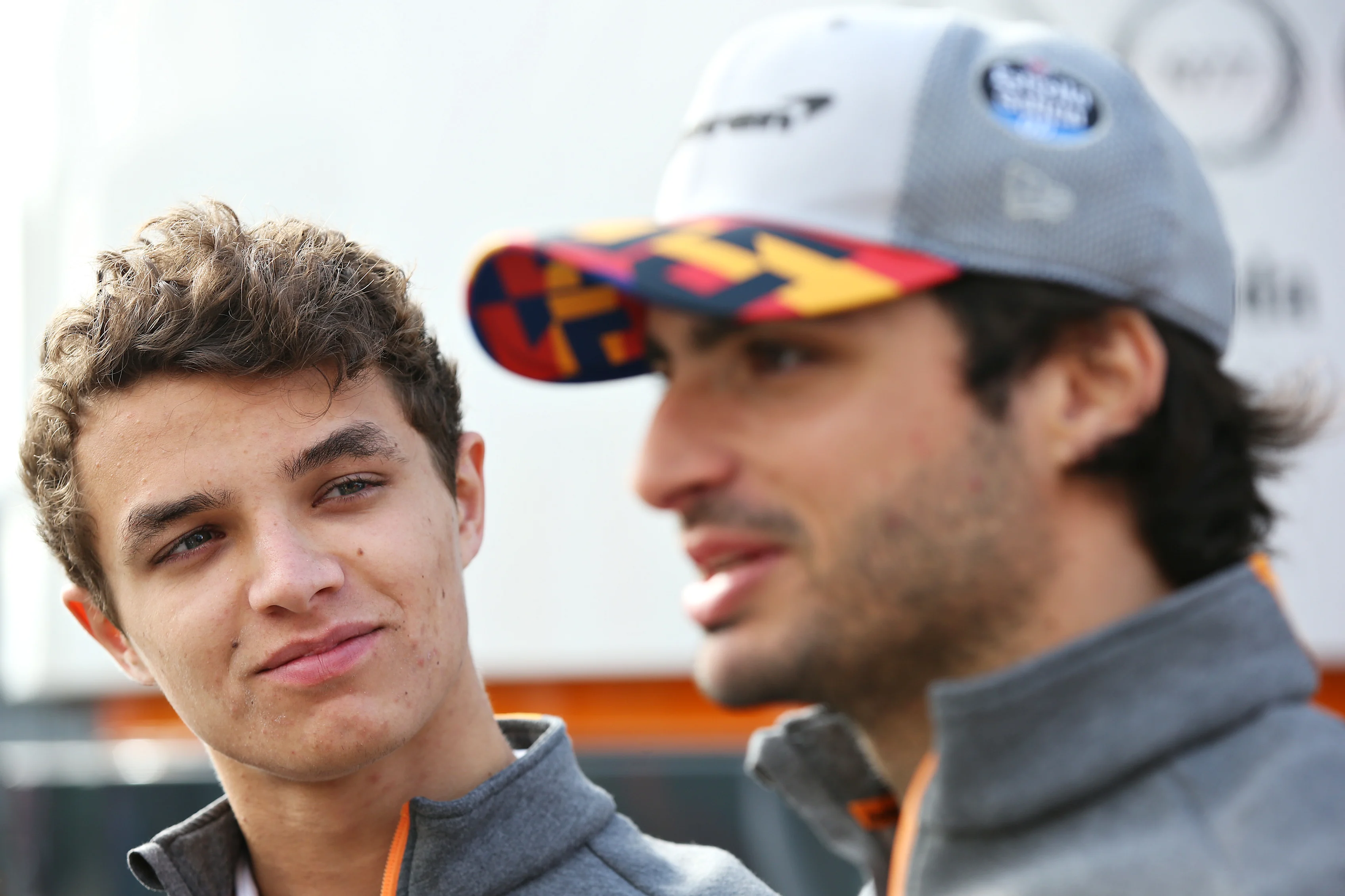 NORTHAMPTON, ENGLAND - JULY 12: Lando Norris of Great Britain and McLaren F1 and Carlos Sainz of