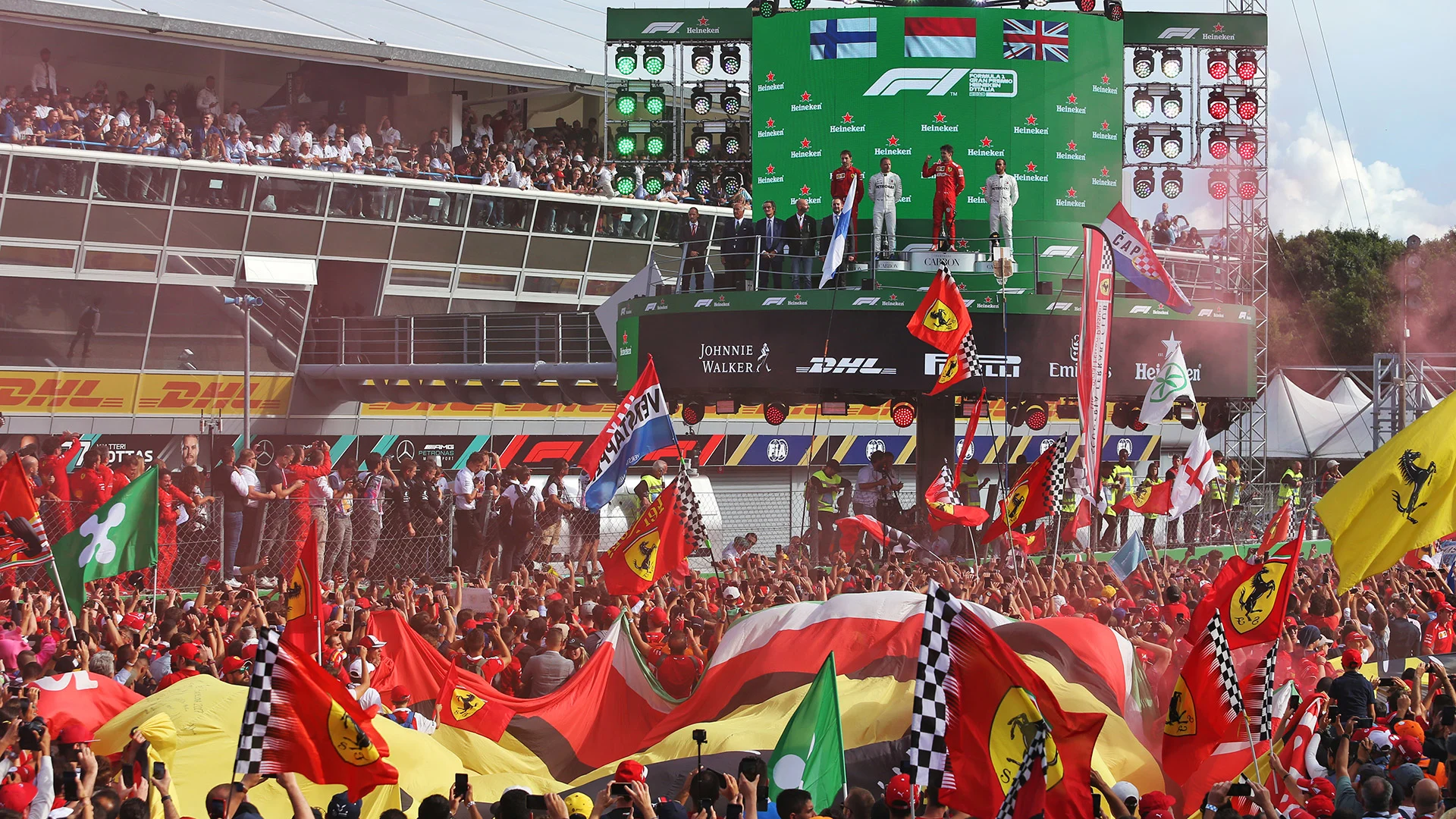 The podium (L to R): Valtteri Bottas (FIN) Mercedes AMG F1, second; Charles Leclerc (MON) Ferrari,