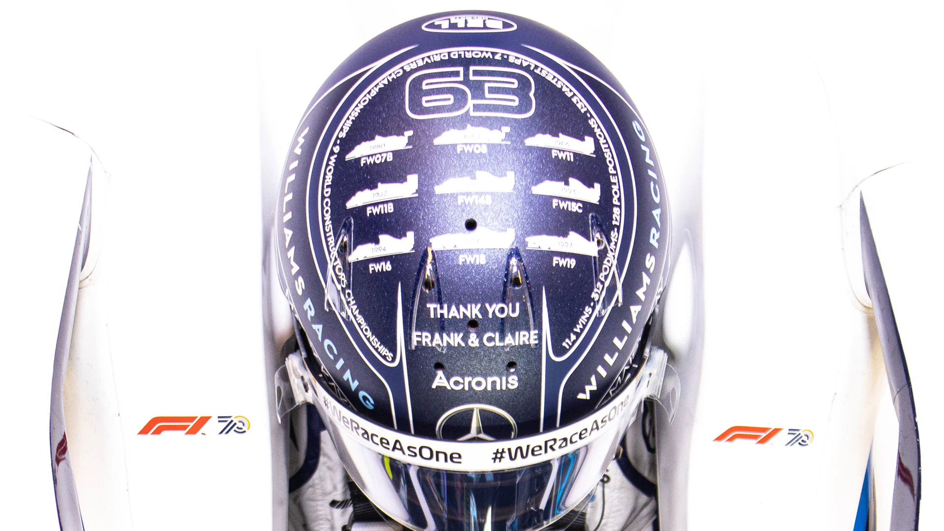 Russell's helmet features Williams' nine constructors' championship-winning cars