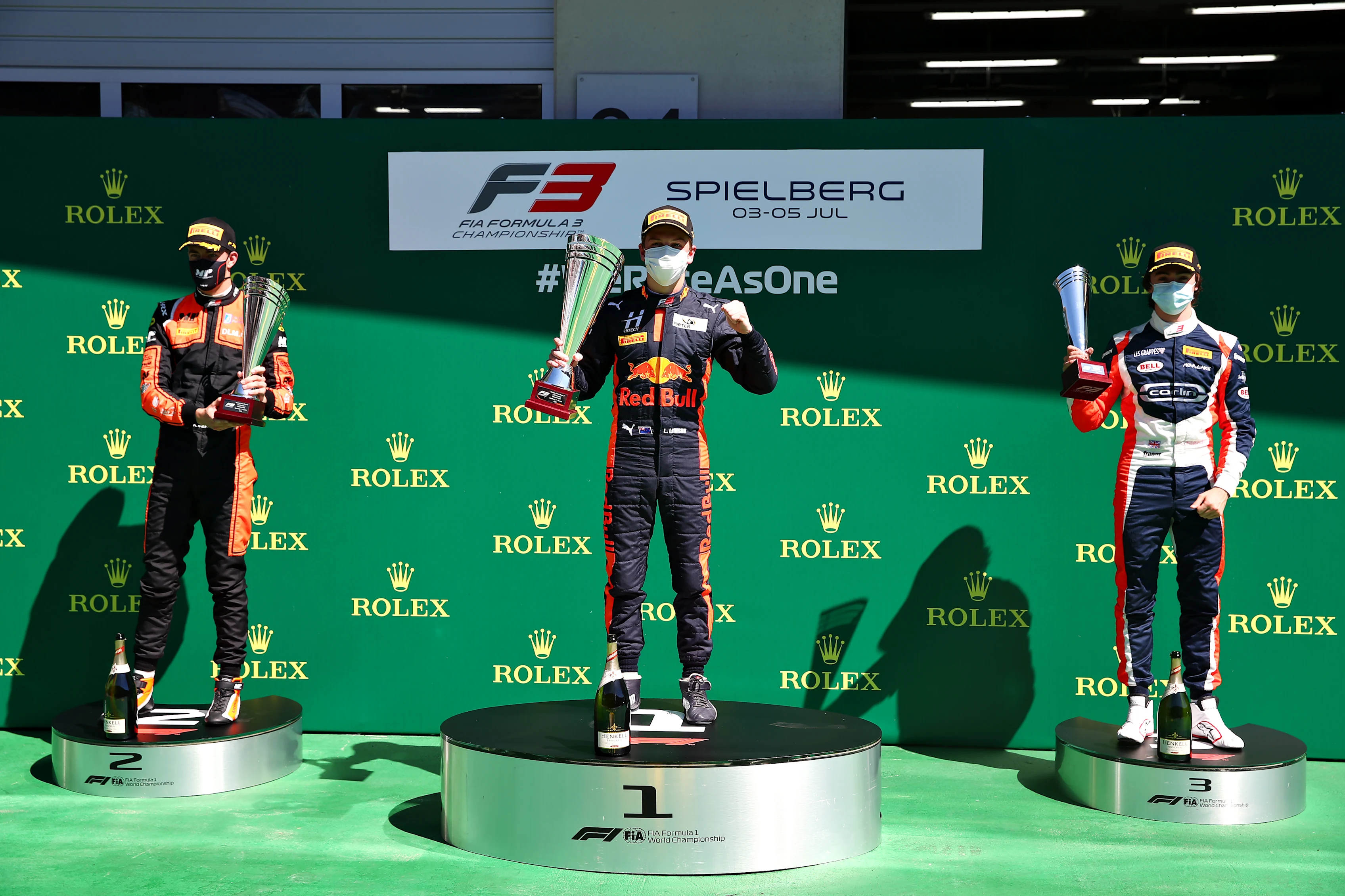 SPIELBERG, AUSTRIA - JULY 05: Race winner Liam Lawson of New Zealand and Hitech Grand Prix, second