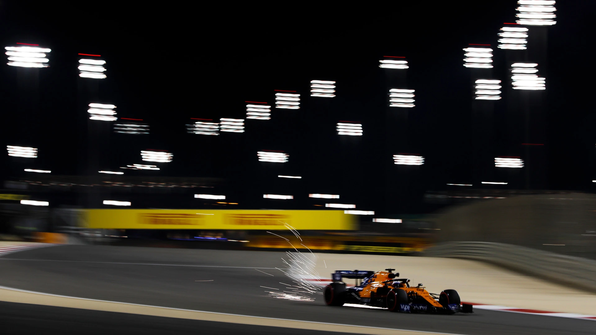 BAHRAIN INTERNATIONAL CIRCUIT, BAHRAIN - MARCH 29: Sparks fly from the car of Carlos Sainz Jr.,