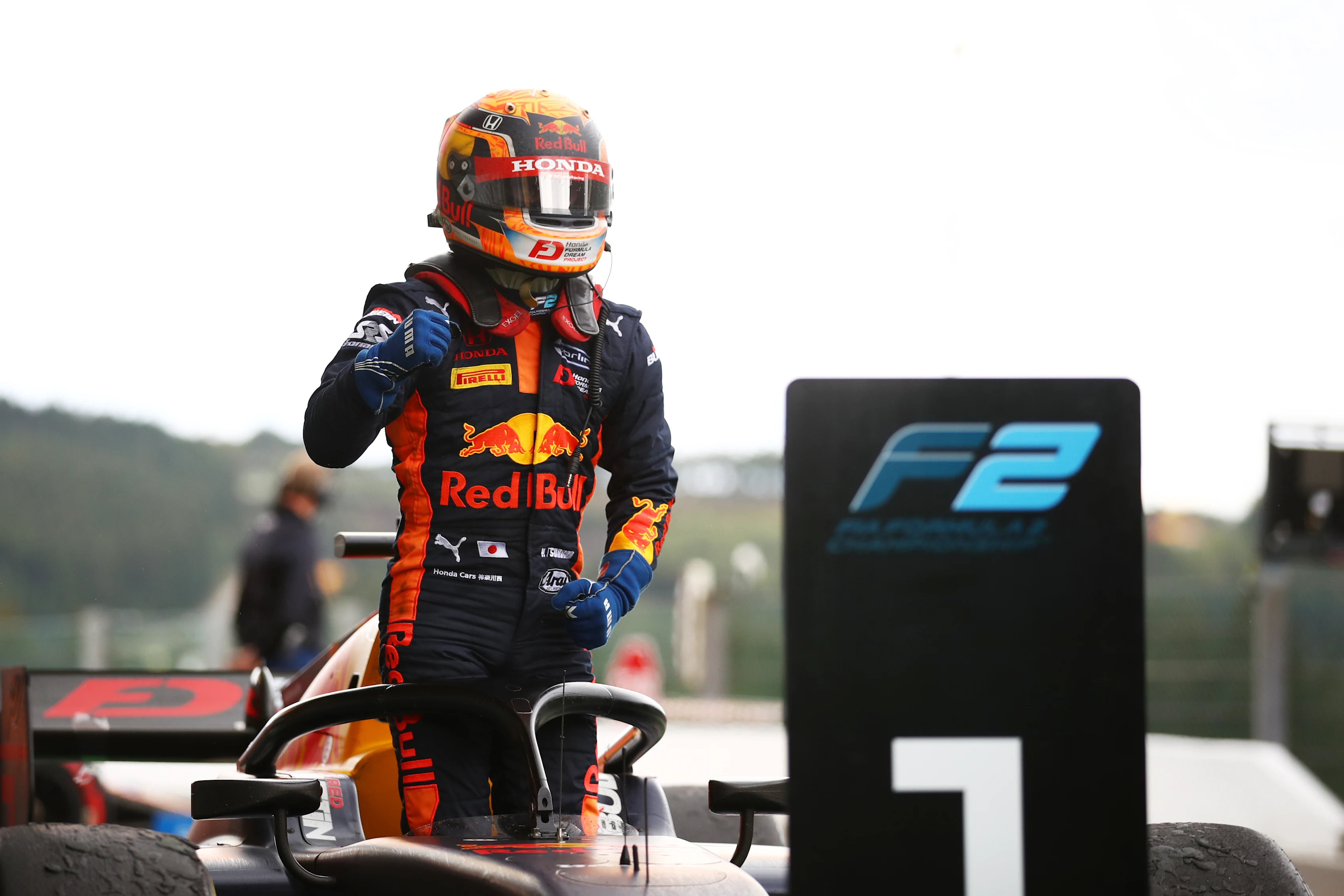 SPA, BELGIUM - AUGUST 29: Race Winner Yuki Tsunoda of Japan and Carlin celebrates in Parc Ferme