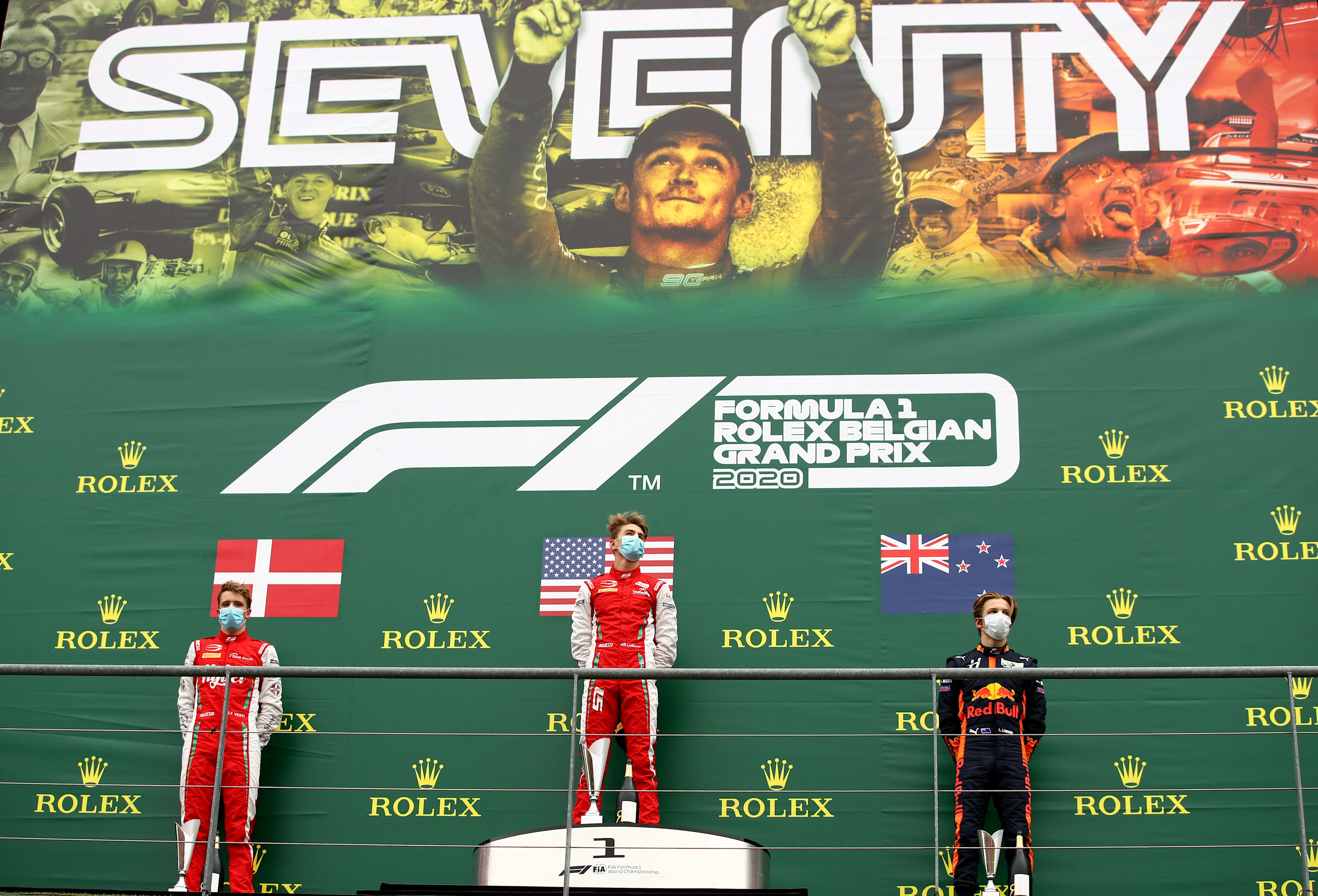 SPA, BELGIUM - AUGUST 30: Race winner Logan Sargeant of United States and Prema Racing, second