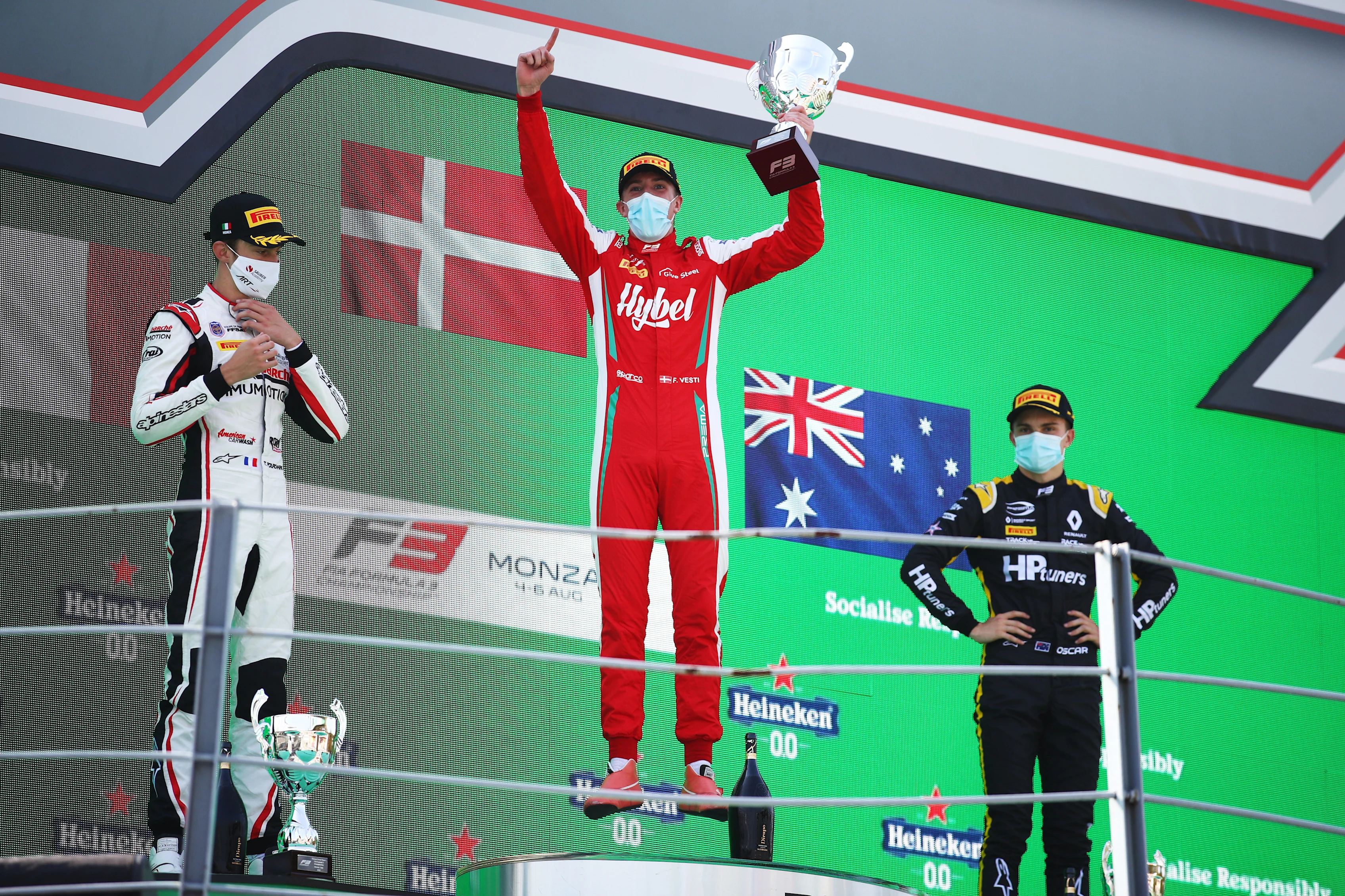 MONZA, ITALY - SEPTEMBER 05: Race winner Frederik Vesti of Denmark and Prema Racing, second placed