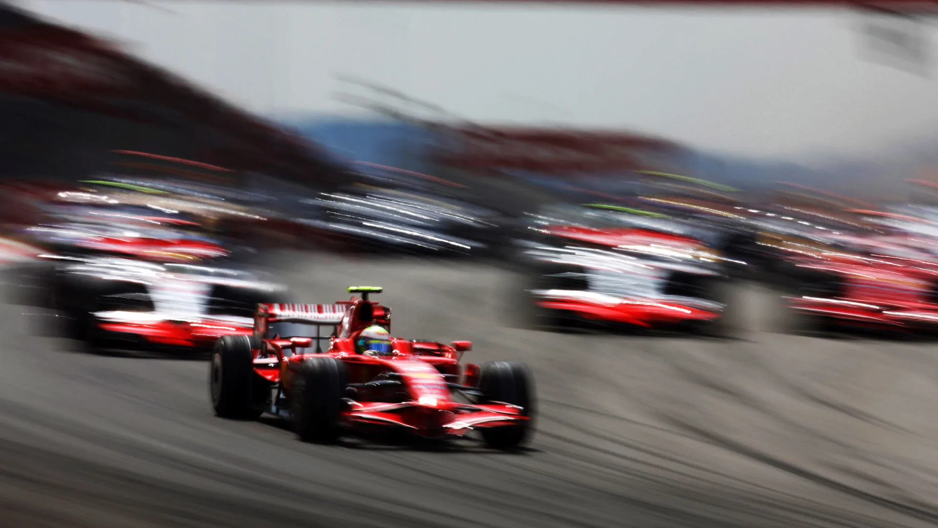 Brazilian Ferrari Formula One driver Felipe Massa driving his Ferrari F2008 racing car leads the