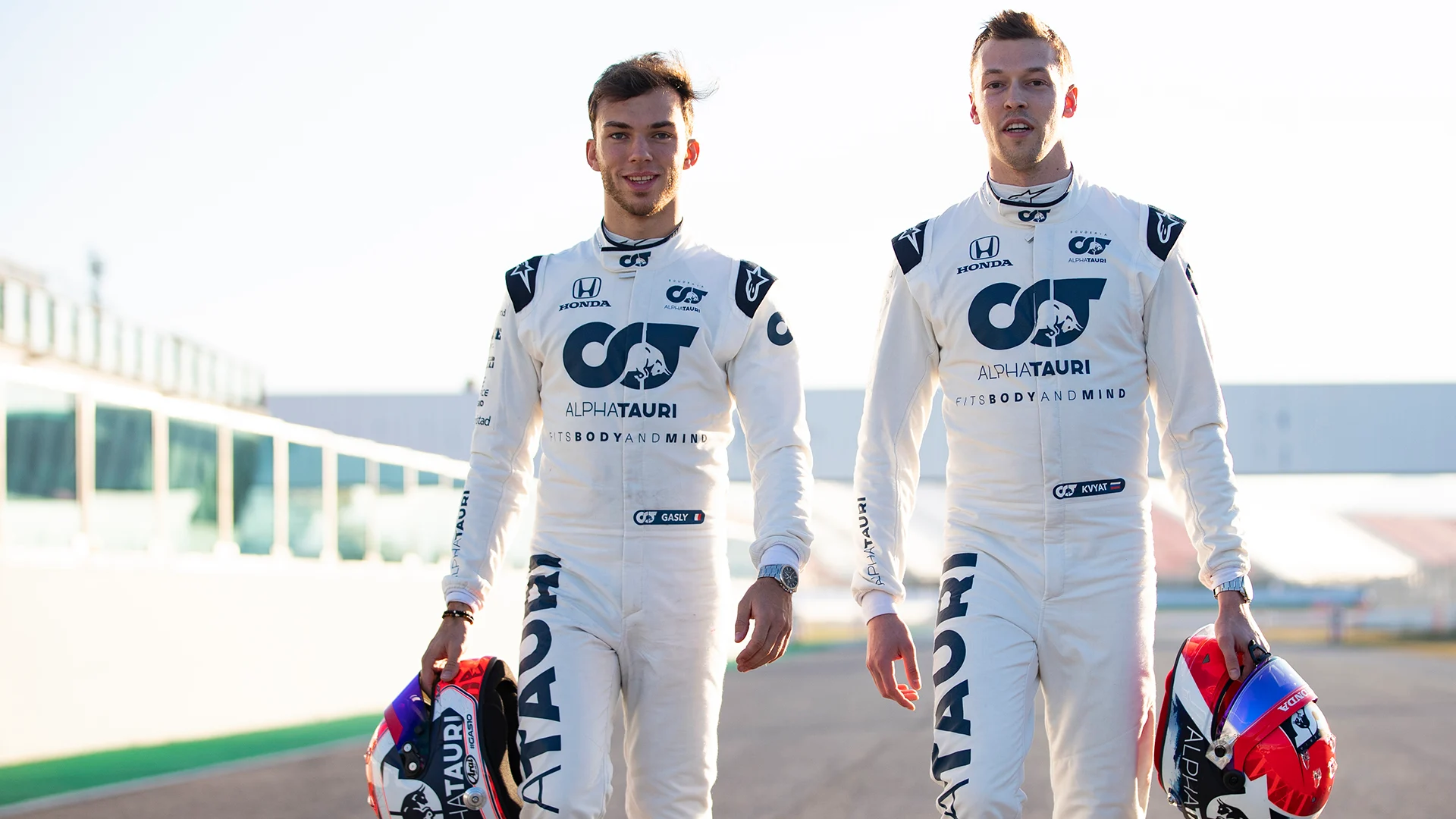 Pierre Gasly of France, Danil Kvyat of Russia and Scuderia AlphaTauri seen during the filming day