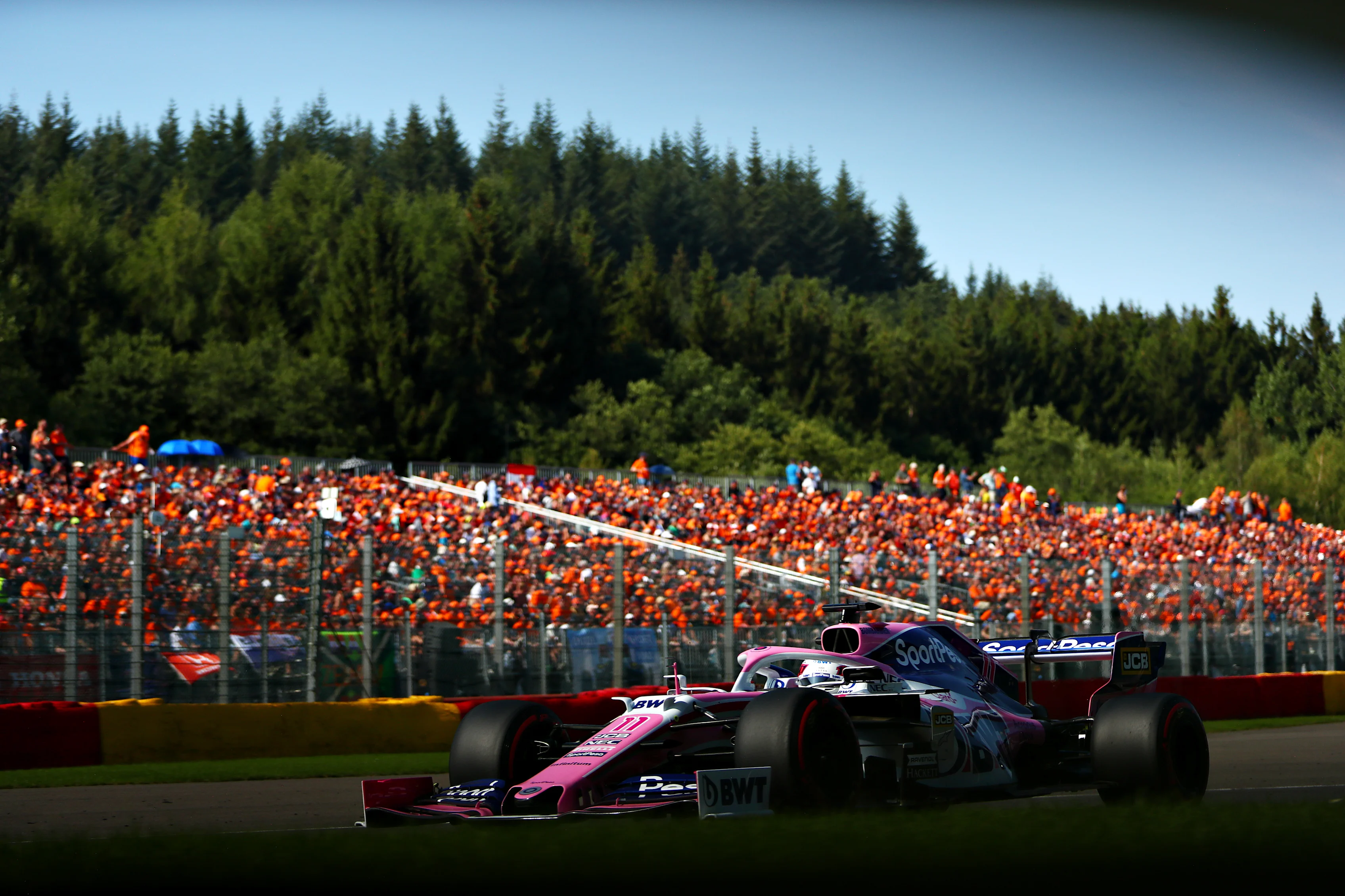SPA, BELGIUM - AUGUST 31: Sergio Perez of Mexico driving the (11) Racing Point RP19 Mercedes on