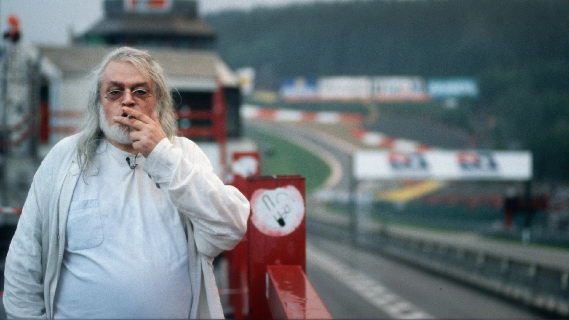 Eccentric Belgian stock market guru Jean-Pierre Van Rossem at Spa-Francorchamps racing circuit,