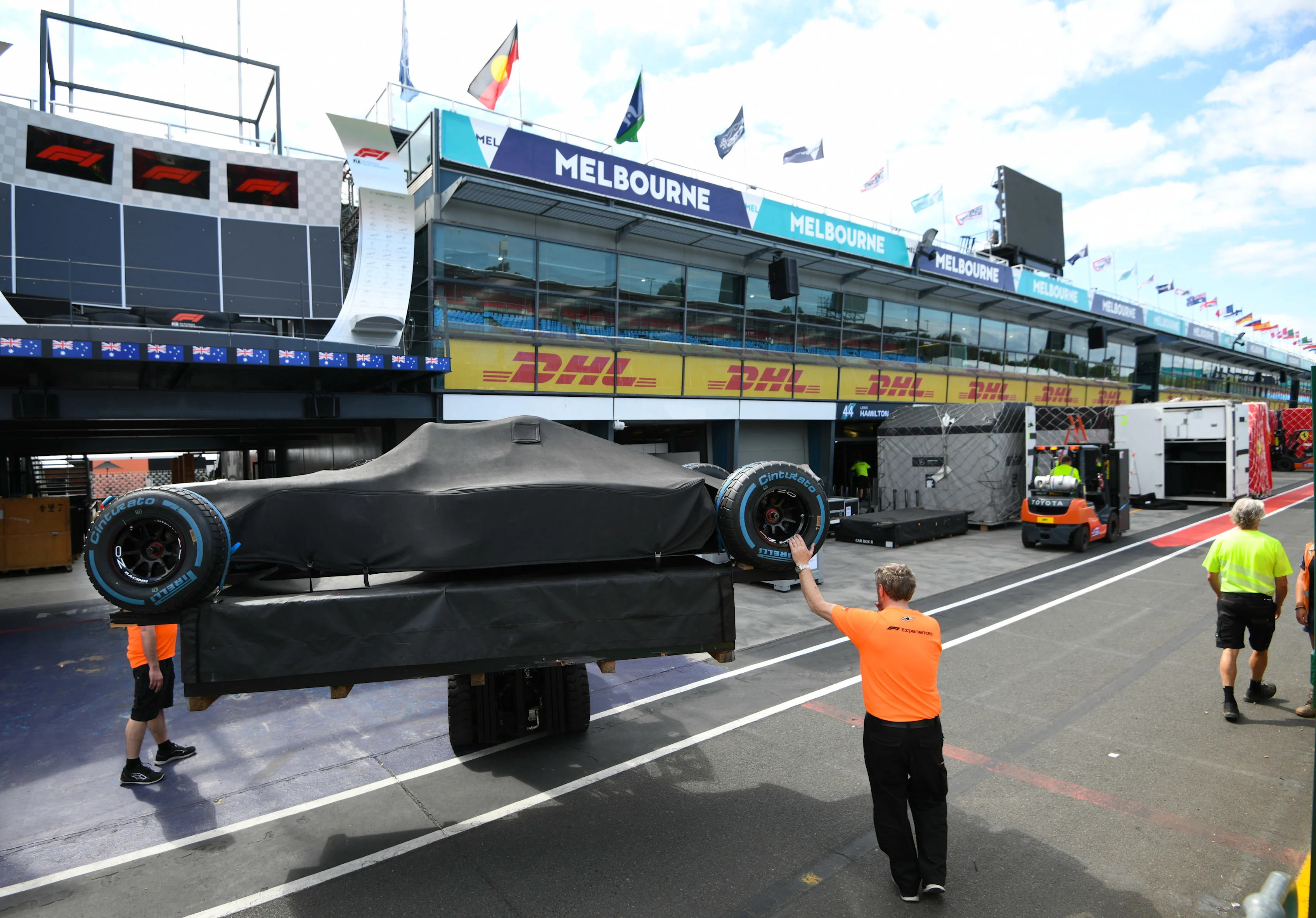 MELBOURNE, AUSTRALIA - MARCH 11: General view of the freight arrival as the teams begin setting up