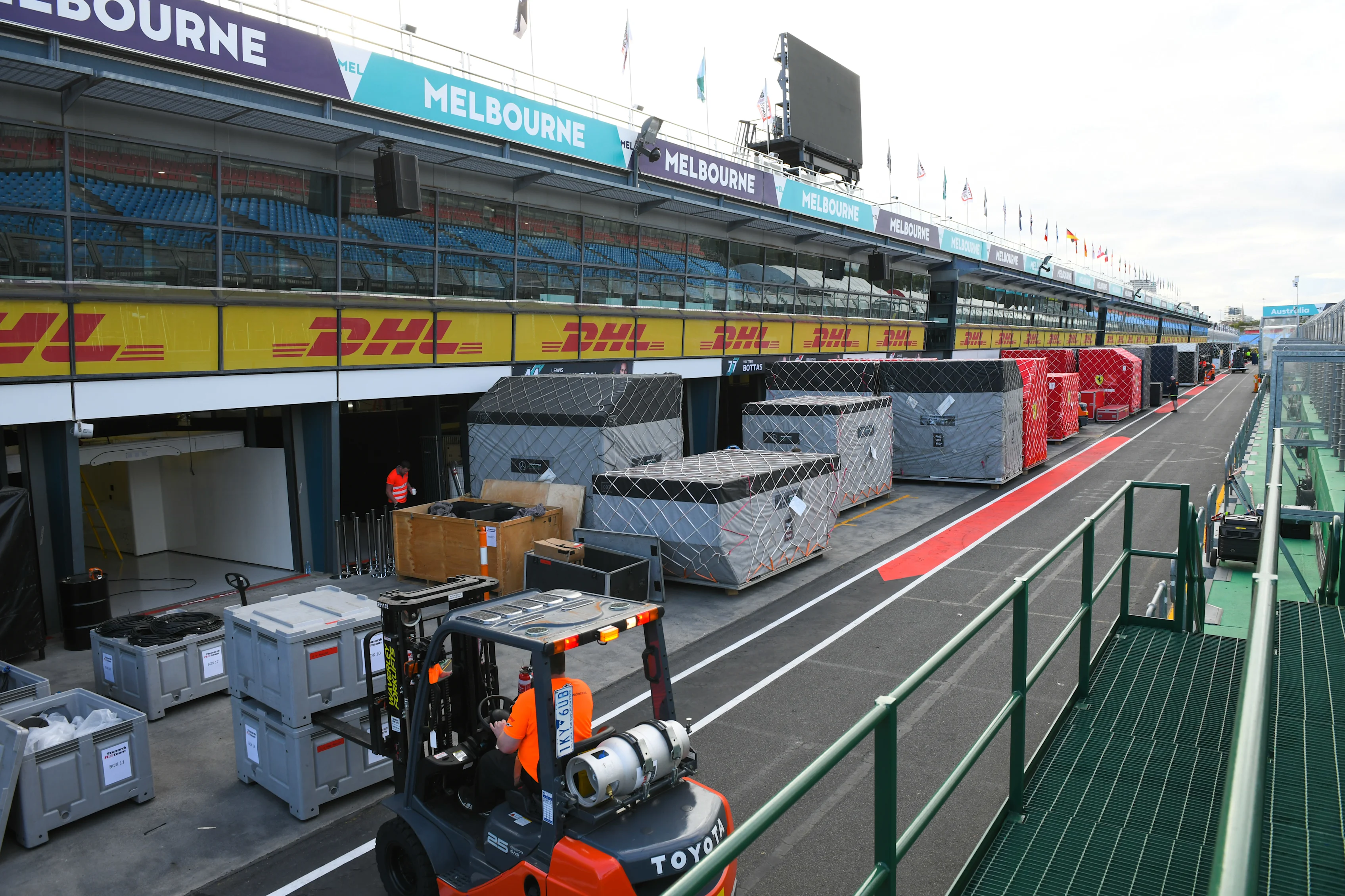 MELBOURNE, AUSTRALIA - MARCH 11: General view of the freight arrival as the teams begin setting up