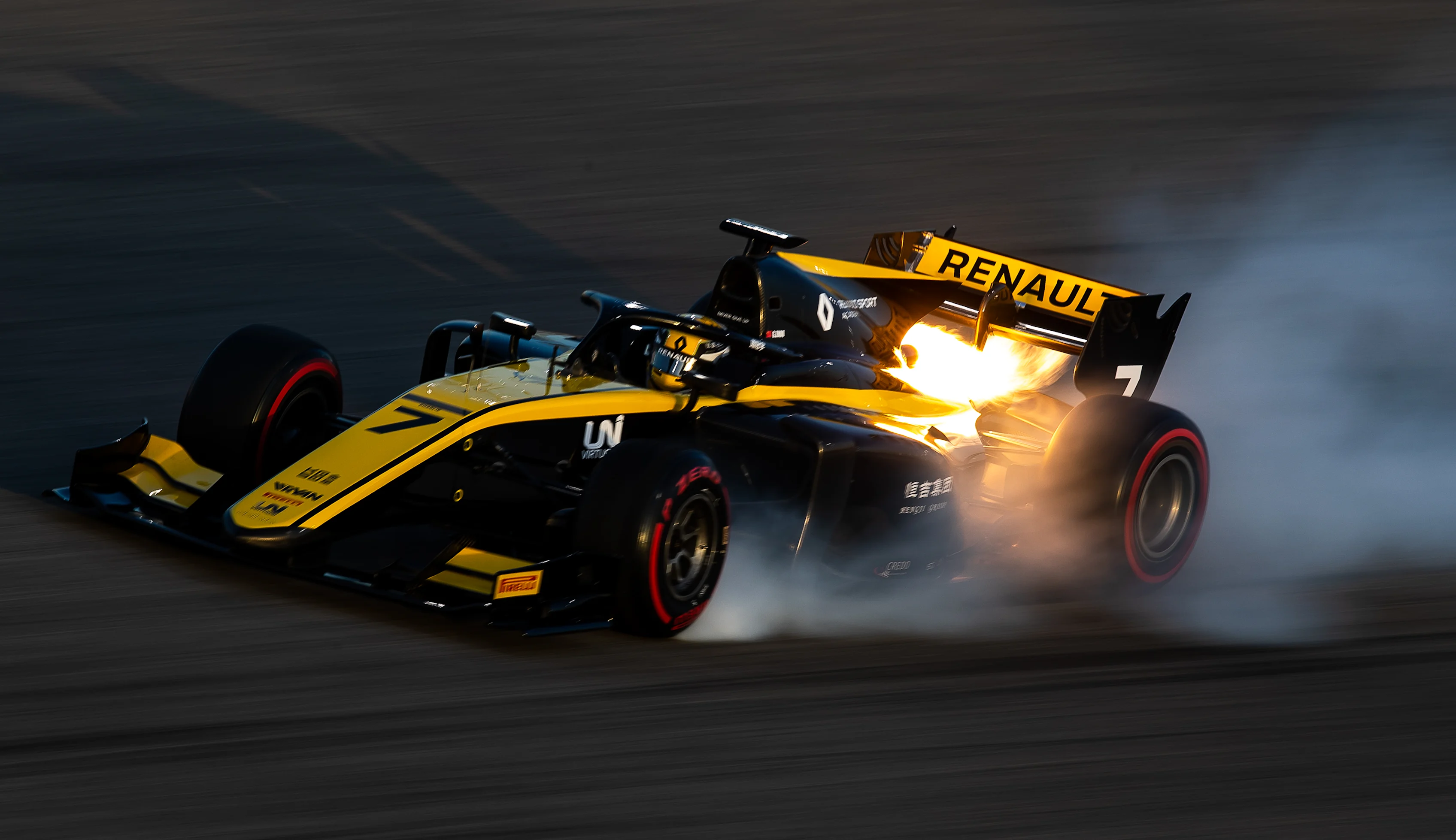 BAHRAIN, BAHRAIN - MARCH 29: Guanyu Zhou of China driving the Uni-Virtuosi Racing catches fire on